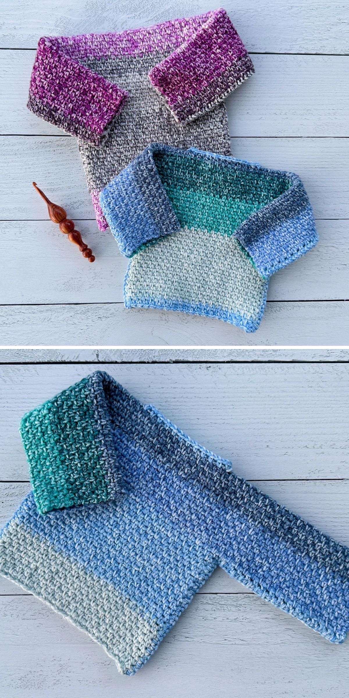 two striped crochet baby sweaters