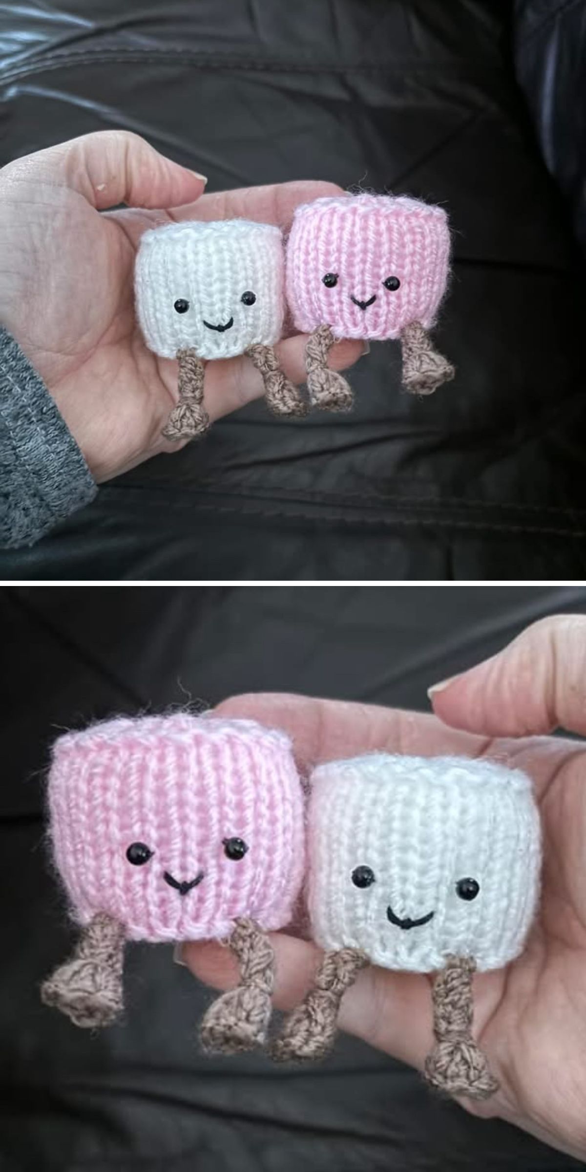 Two crocheted square marshmallow toys, inspired by Knitted Food Patterns, one pink and one white, each with black eyes, a smiling mouth, and small brown feet, held in a person’s hand against a dark background.