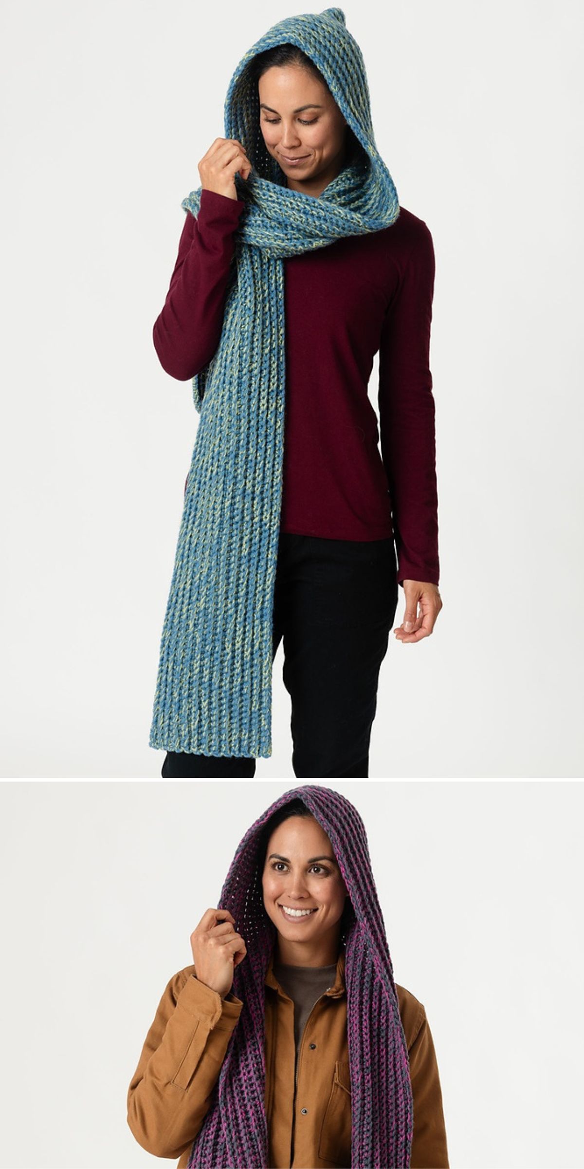 Two images of a person wearing a crochet hooded scarf: the first in blue, paired with a burgundy top; the second in purple, paired with a brown shirt.