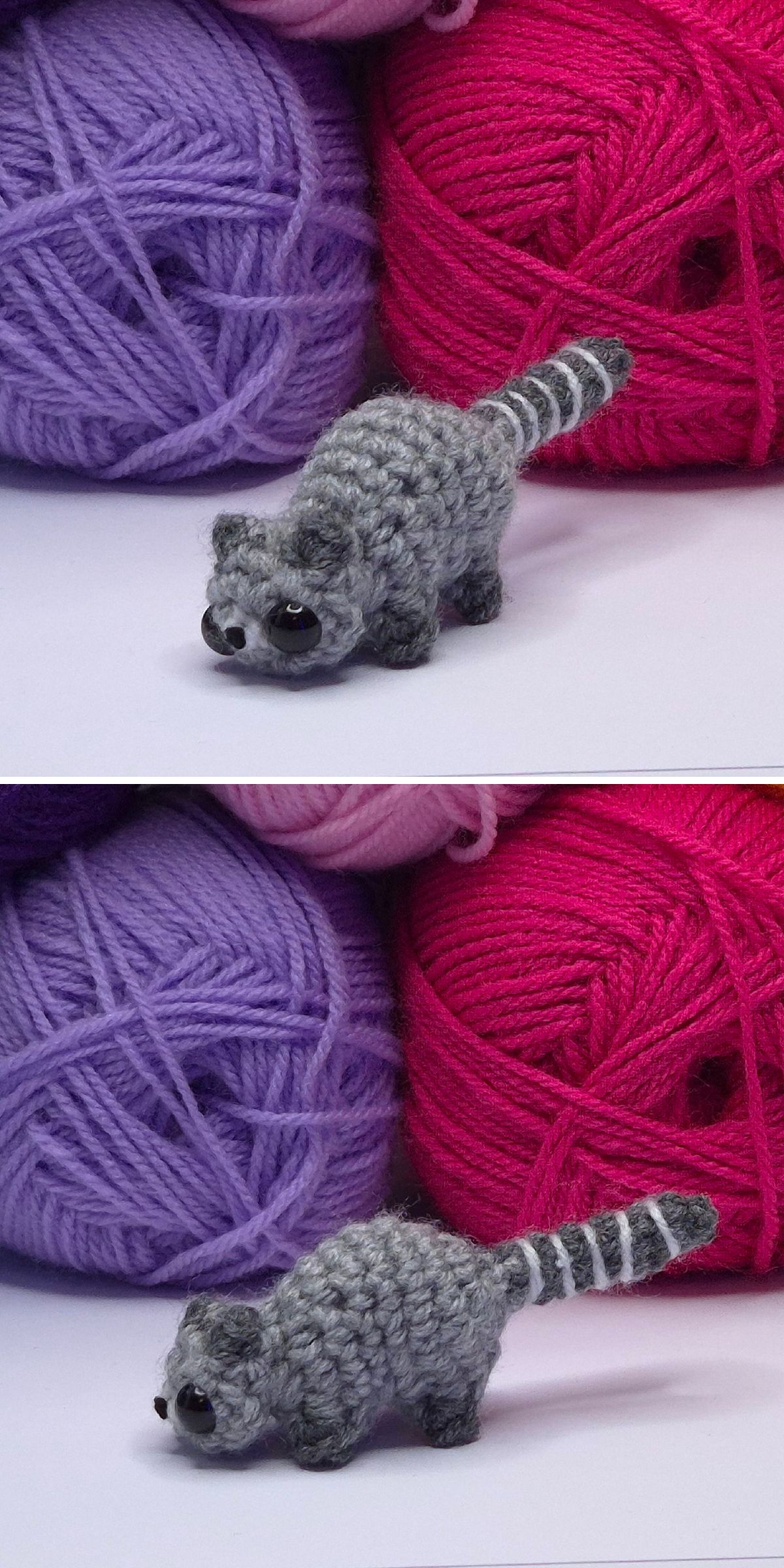 Two images show a small crocheted ring-tailed lemur figure — similar to a crochet raccoon — in front of purple, pink, and red yarn balls, viewed from different angles.