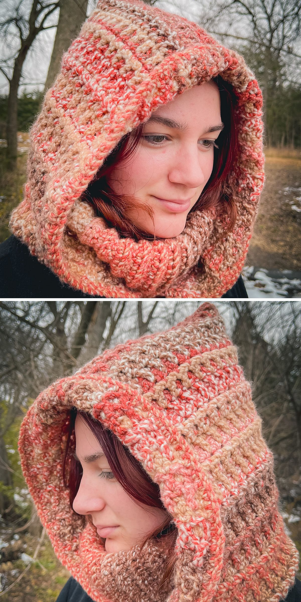 A woman outdoors wears a chunky, multicolored crochet hood in shades of red, brown, and beige. Trees and patches of snow are visible in the background.