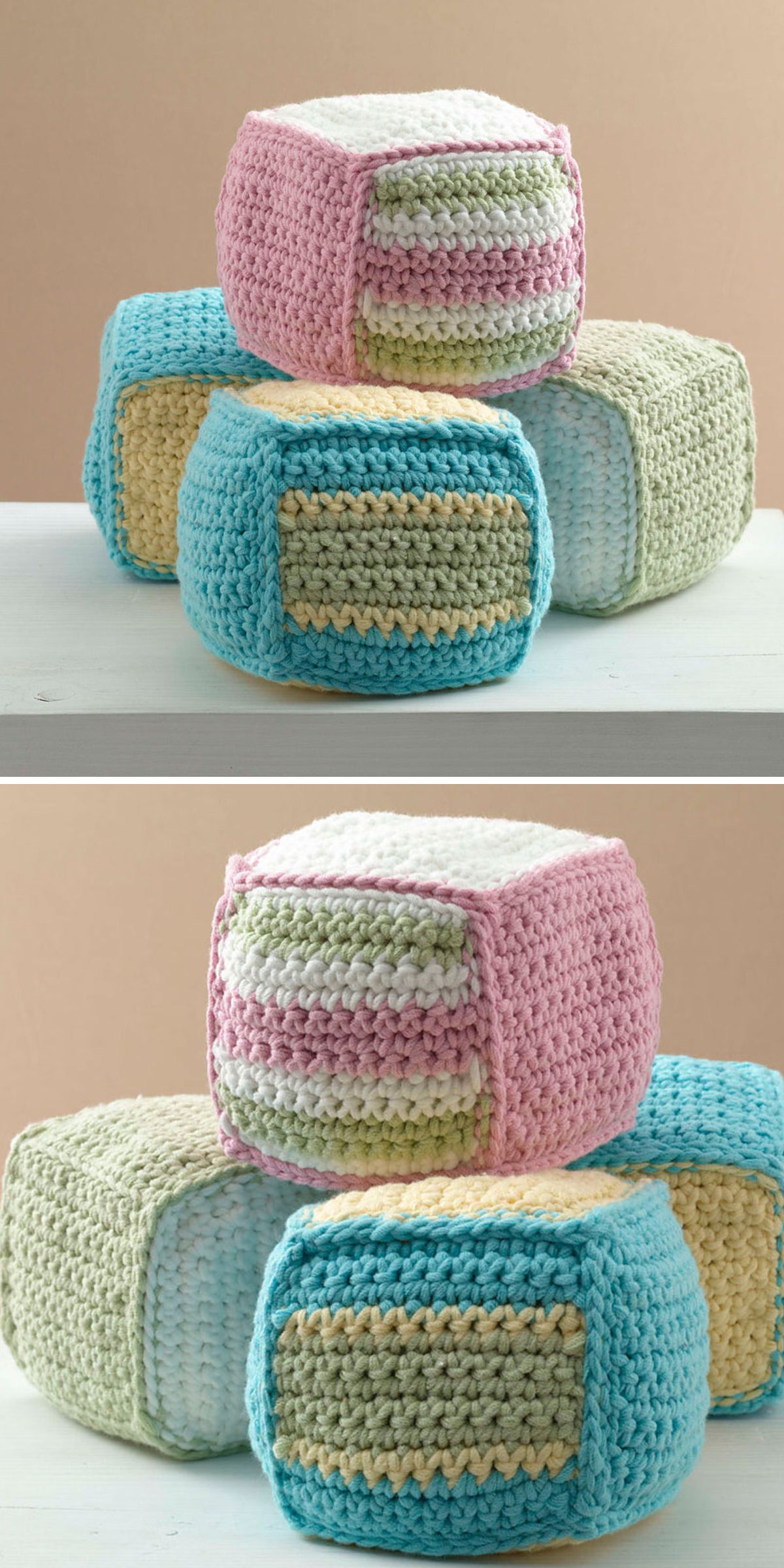 Four crocheted soft blocks in pastel colors—pink, blue, yellow, and green—are stacked on a white surface against a beige background, making a charming crochet baby toy for any nursery.