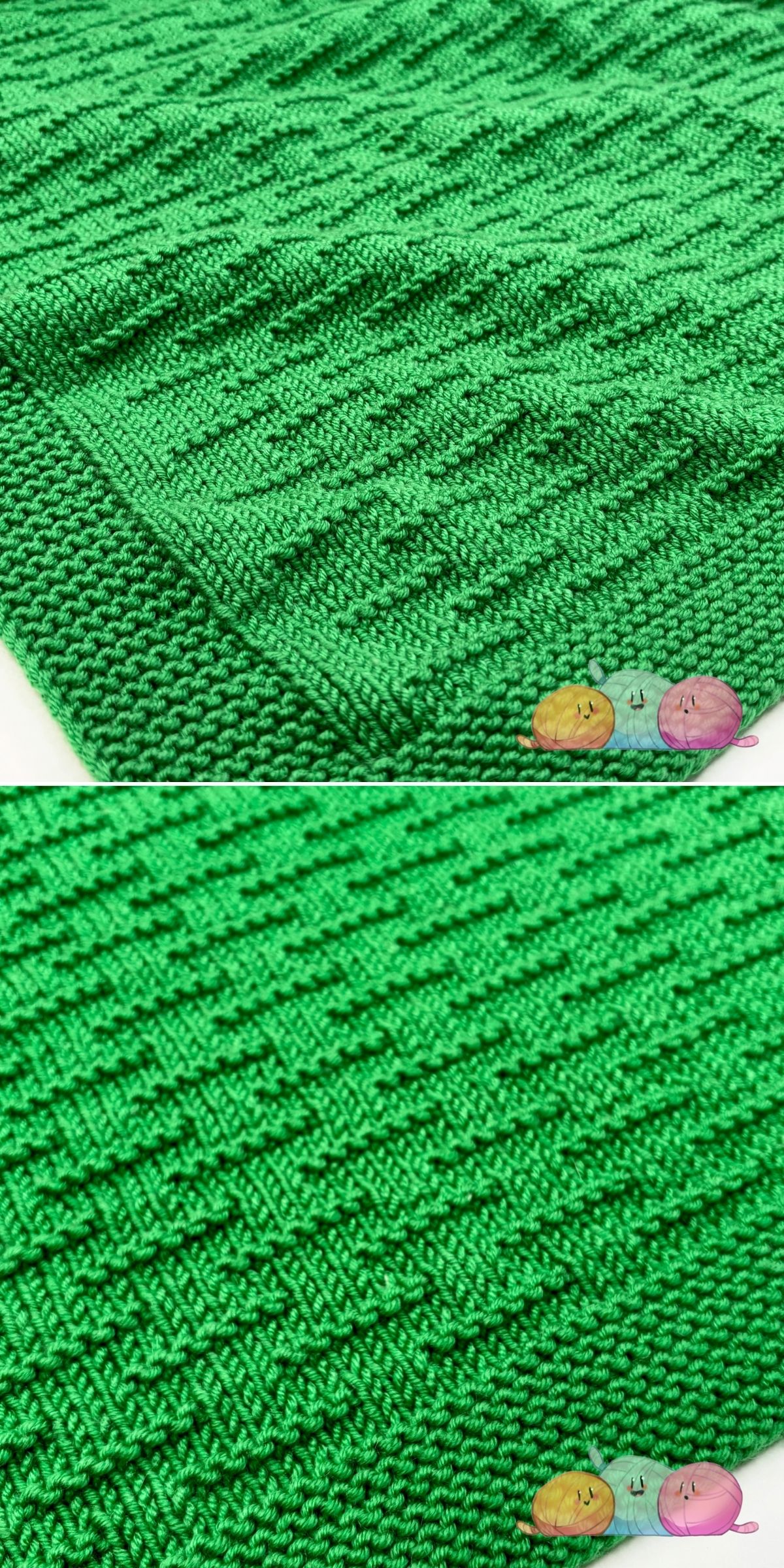 Close-up images of a green knitted fabric showcase a textured, rectangular block design with a garter stitch border — an inspiring blanket knitting pattern for cozy projects.