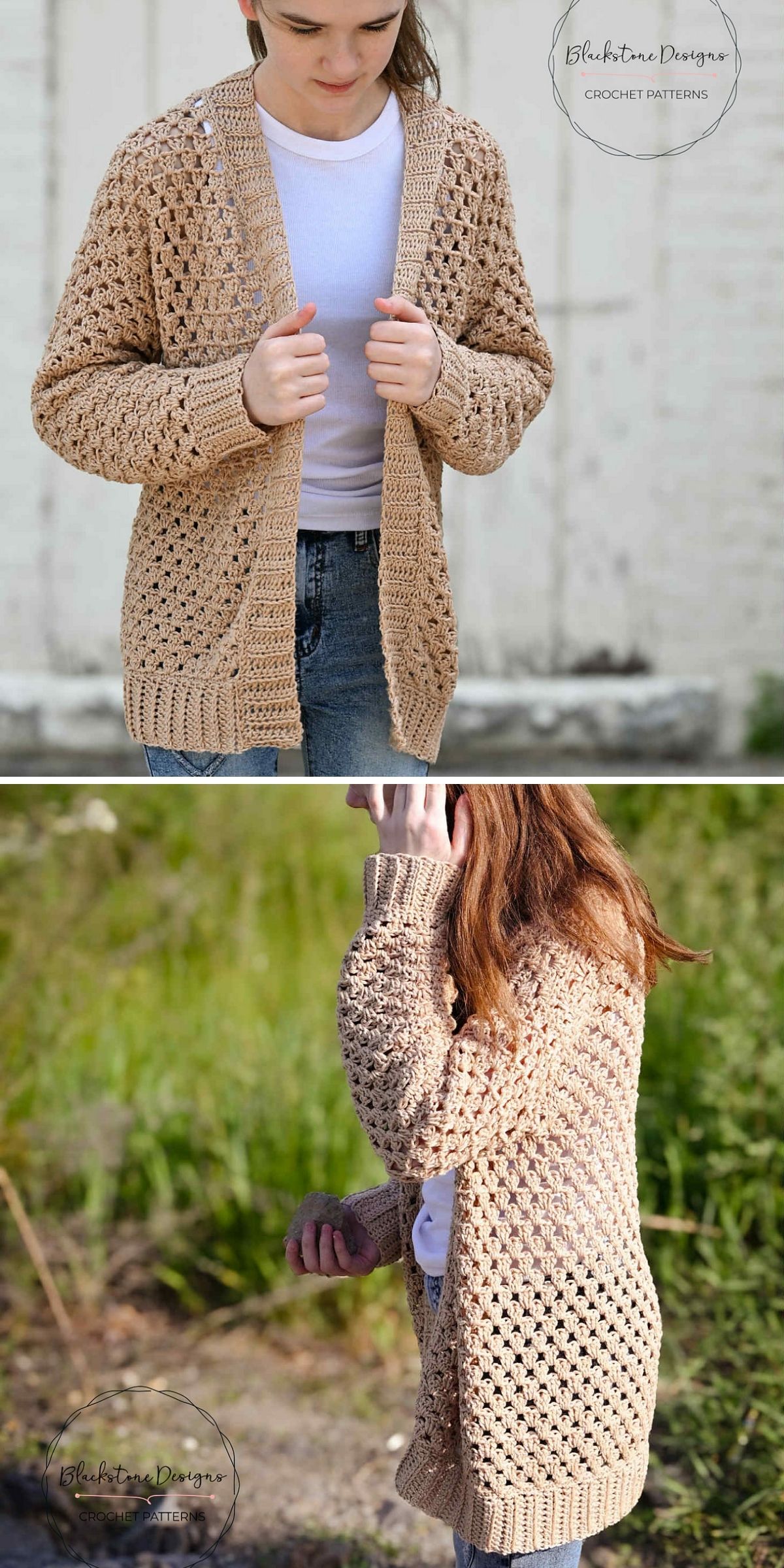 A woman wearing a light brown crochet cardigan over a white shirt and jeans, shown from the front in the top image and from the side in the bottom image.