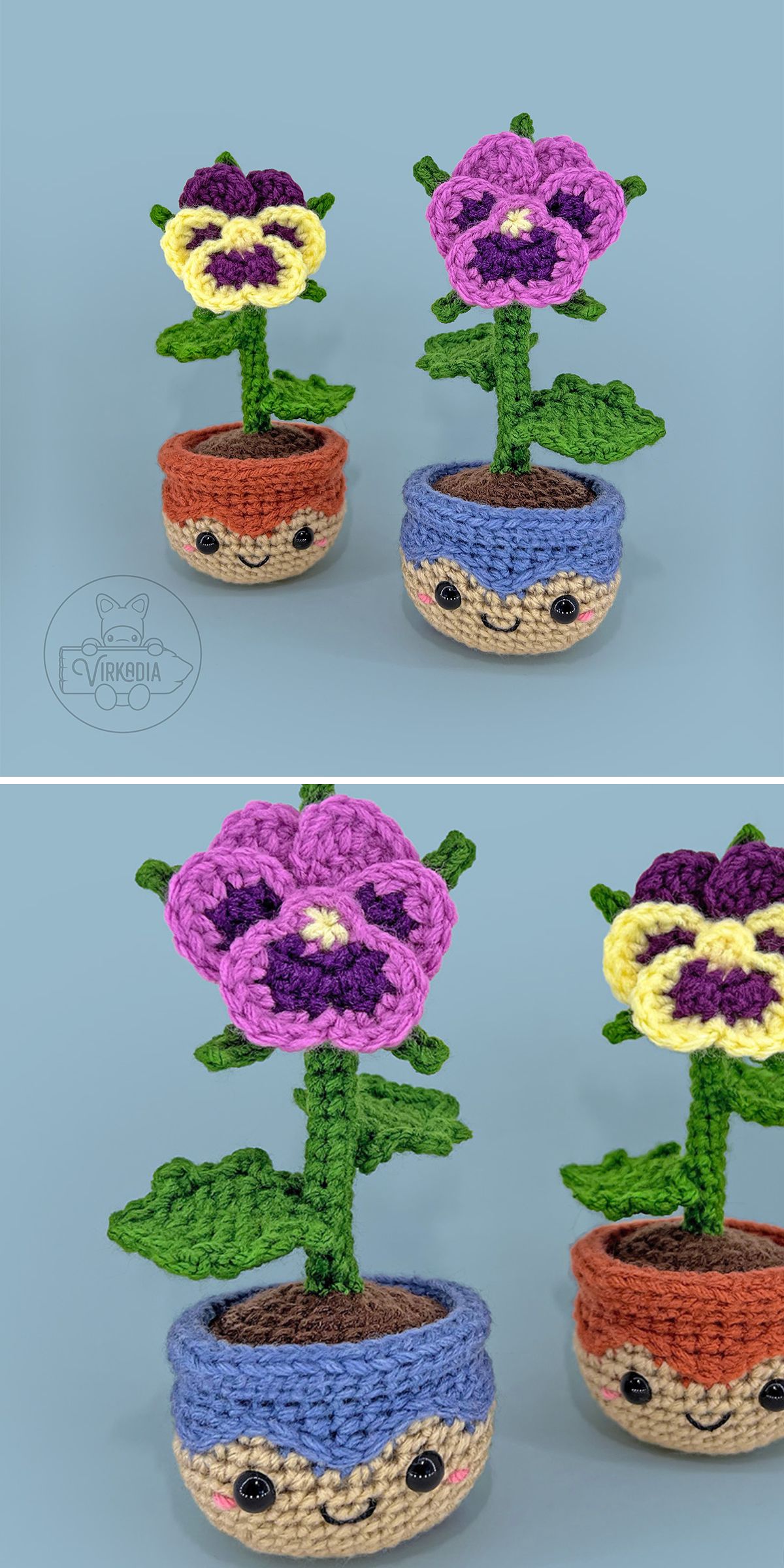 Two crochet plant pansy flowers in small, colorful pots with smiling faces are shown against a plain blue background.