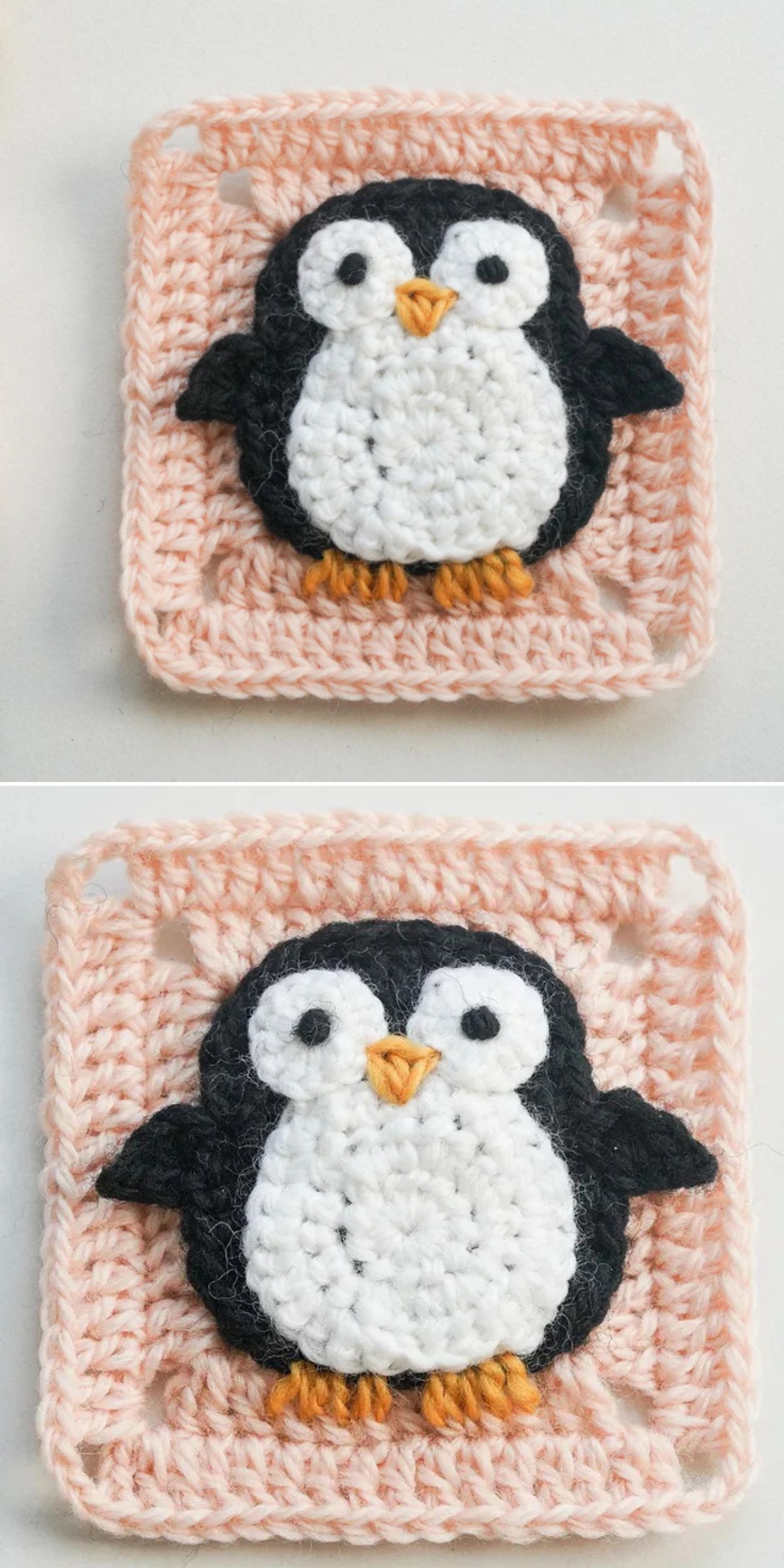 Two images of a Crochet Penguin motif with orange feet and beak, sewn onto a pale pink square crochet background, shown from slightly different angles.