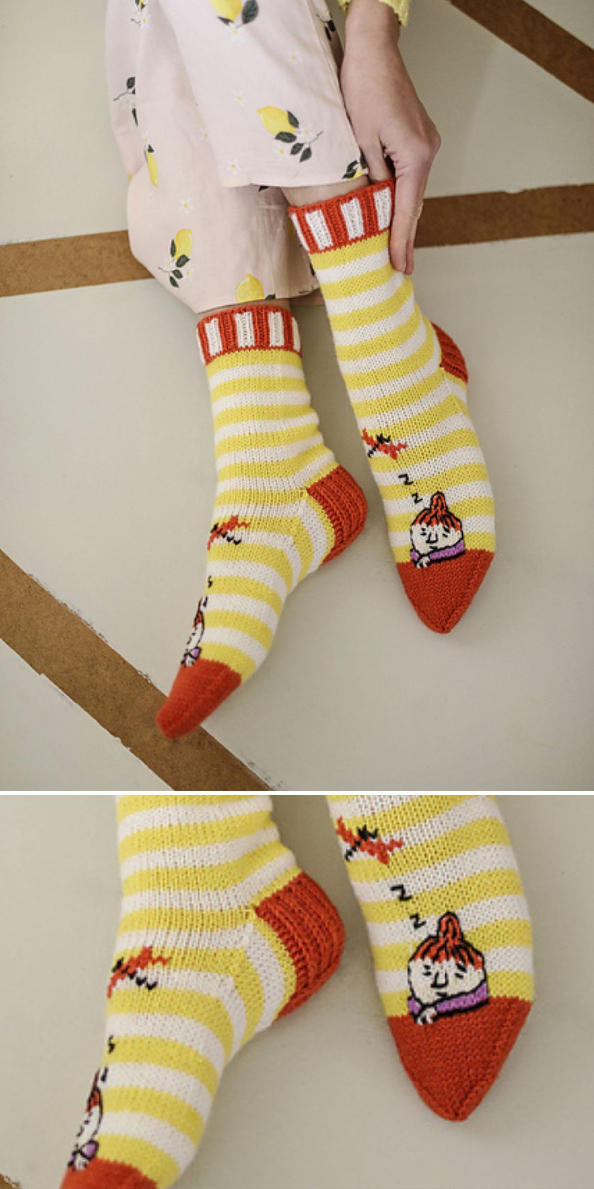 Person wearing yellow and white striped socks with red toes and cuffs, featuring a cartoon character design near the toes — perfect inspiration for fun knitting patterns for socks.