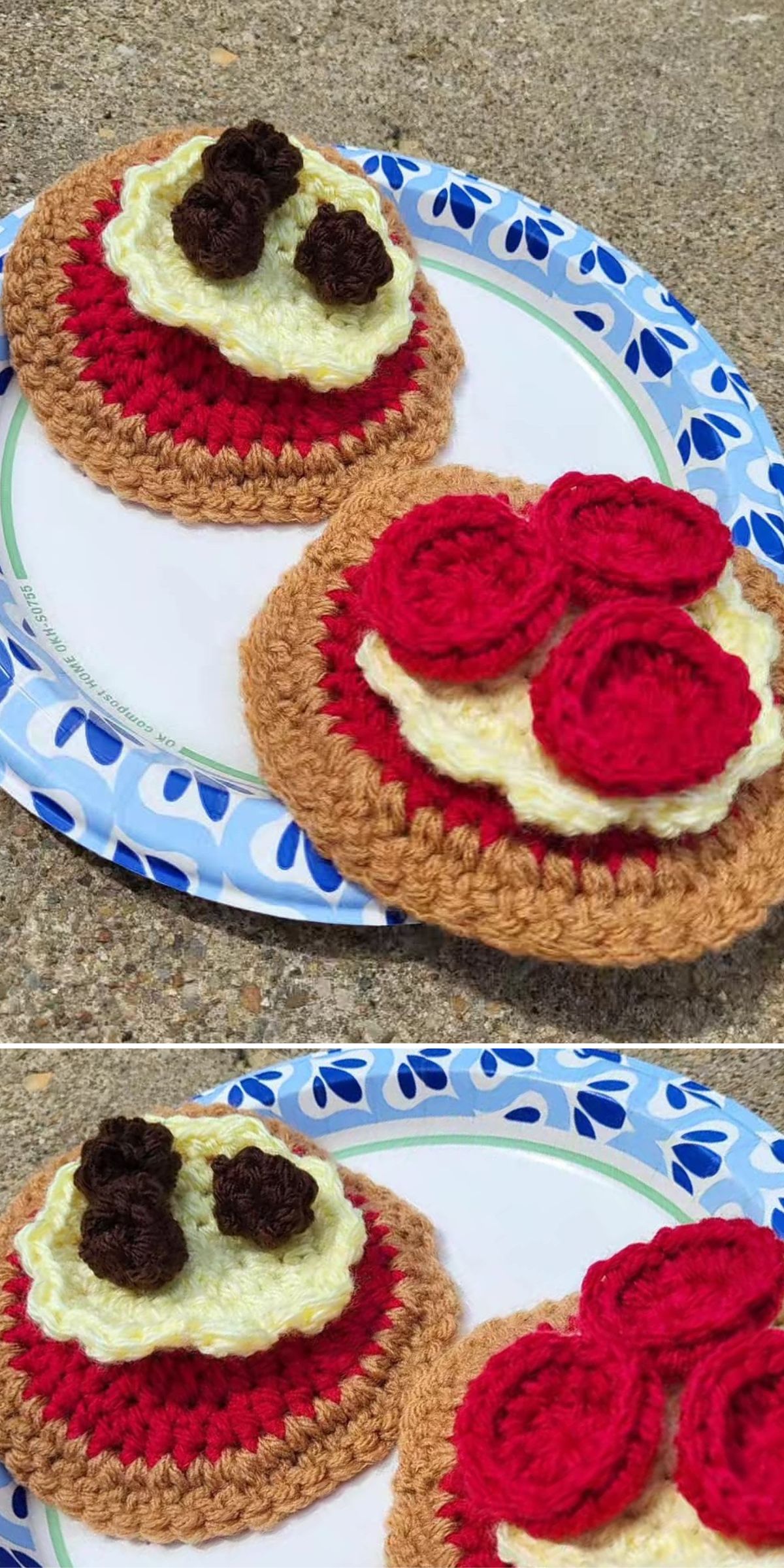 Two crochet amigurumi food creations, shaped like pizzas with red, white, and brown yarn toppings, are displayed on a paper plate.