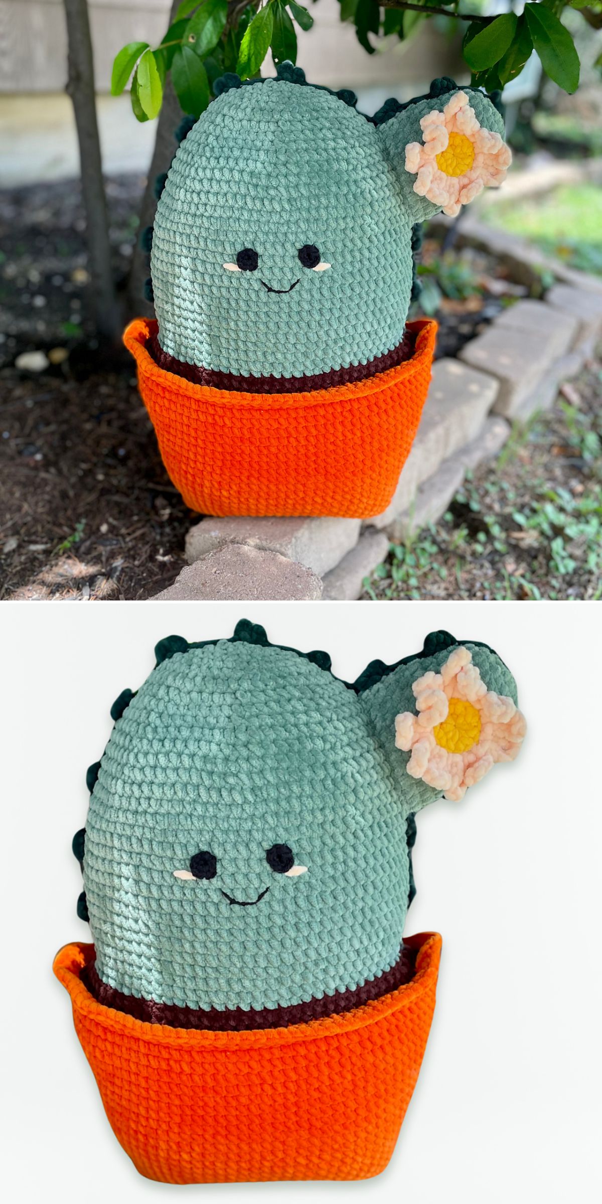 A crocheted cactus plush with a smiling face, orange pot, and pink-and-yellow flower on its side—this zero-care greenery is shown outdoors and on a white background. Perfect for fans of unique crochet plant patterns!.