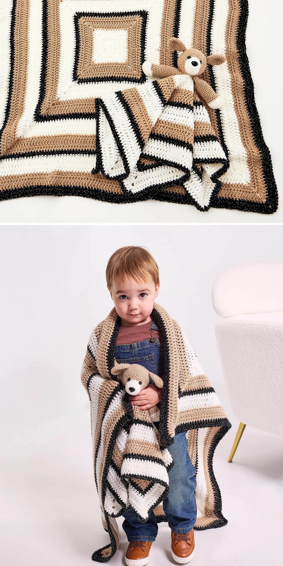 A child stands wrapped in a striped crocheted blanket, holding a matching crochet baby lovey puppy; the cozy set features beige, white, and black colors.