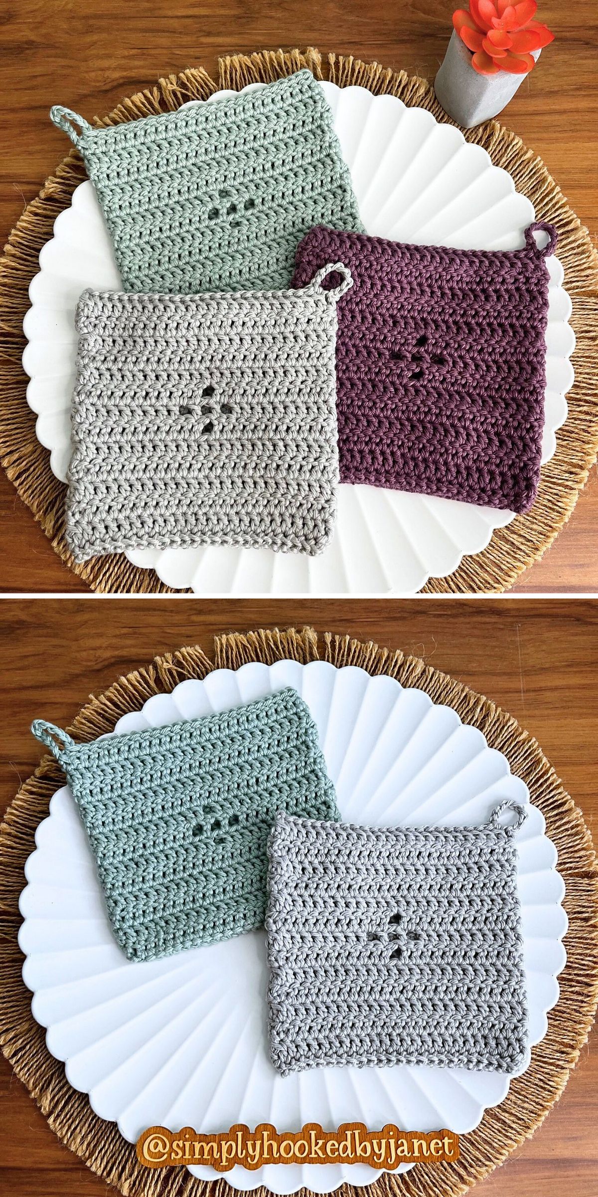 three crochet hot pads with lacy flowers at their centers