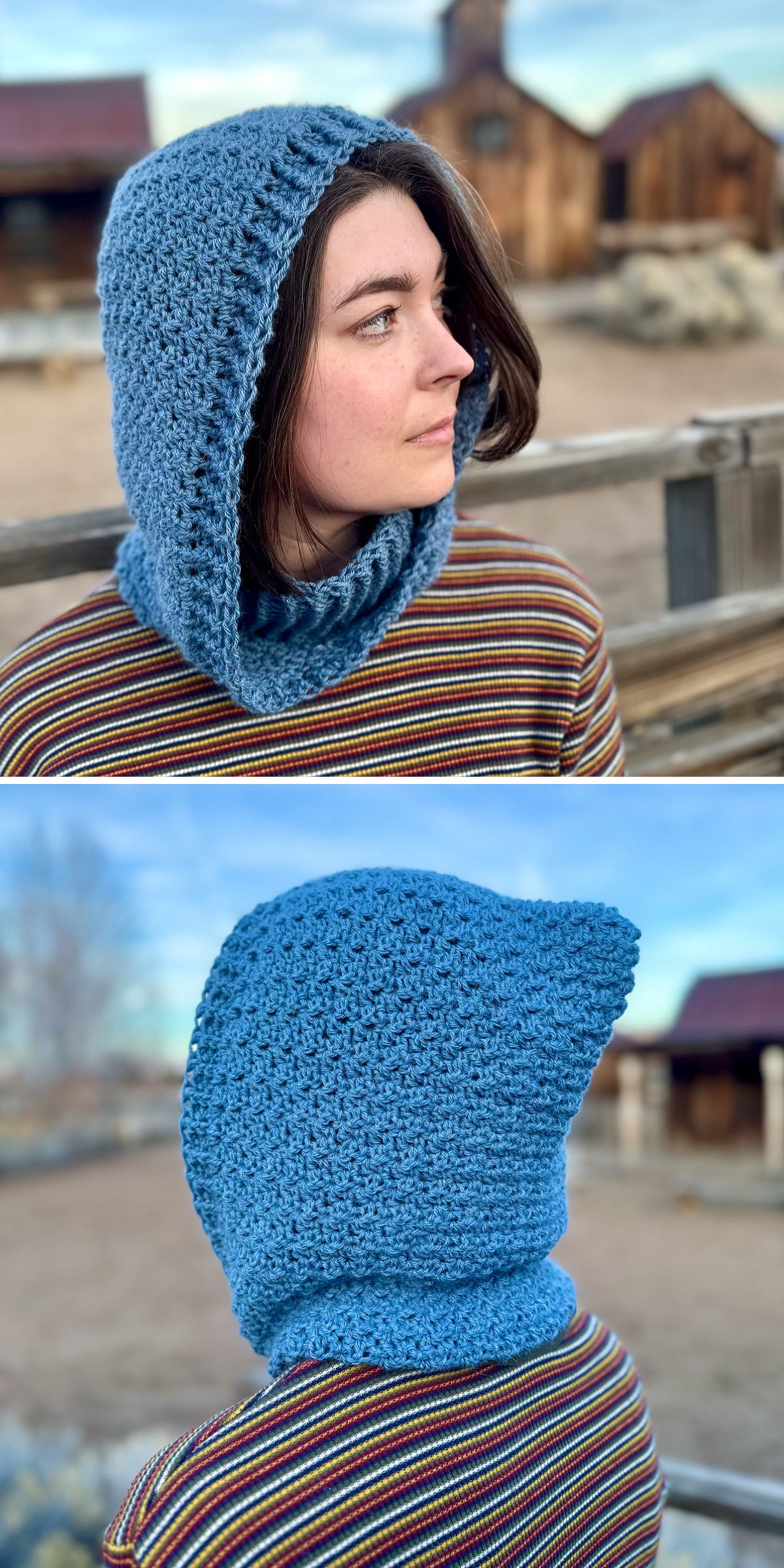A person wearing a blue crochet hood stands outdoors near a wooden fence, shown from the side and back. The background features rustic buildings and a dirt yard.