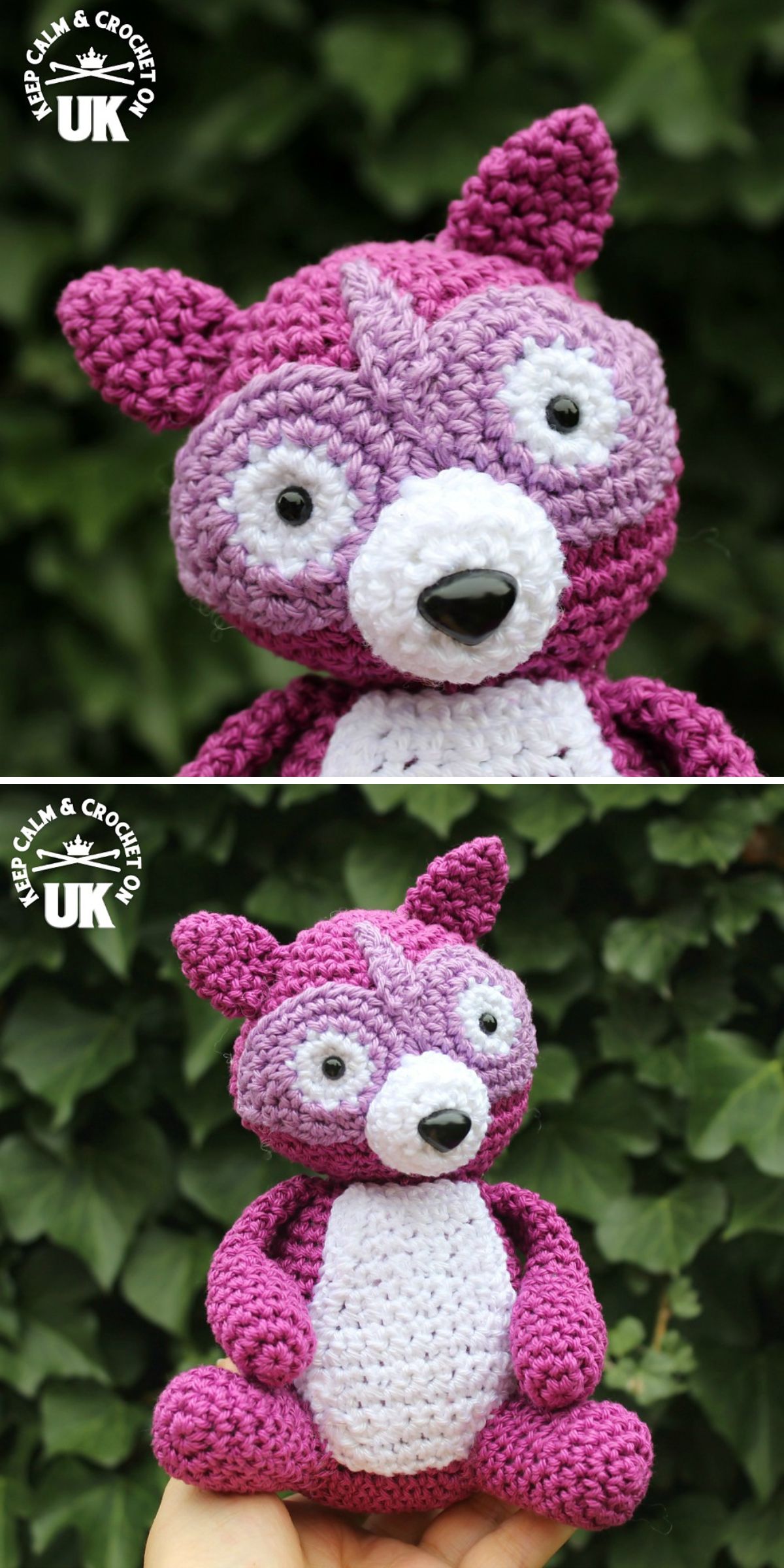 Two photos of a purple and white crocheted toy raccoon with black eyes and nose, held in a person's hand against a leafy green background.
