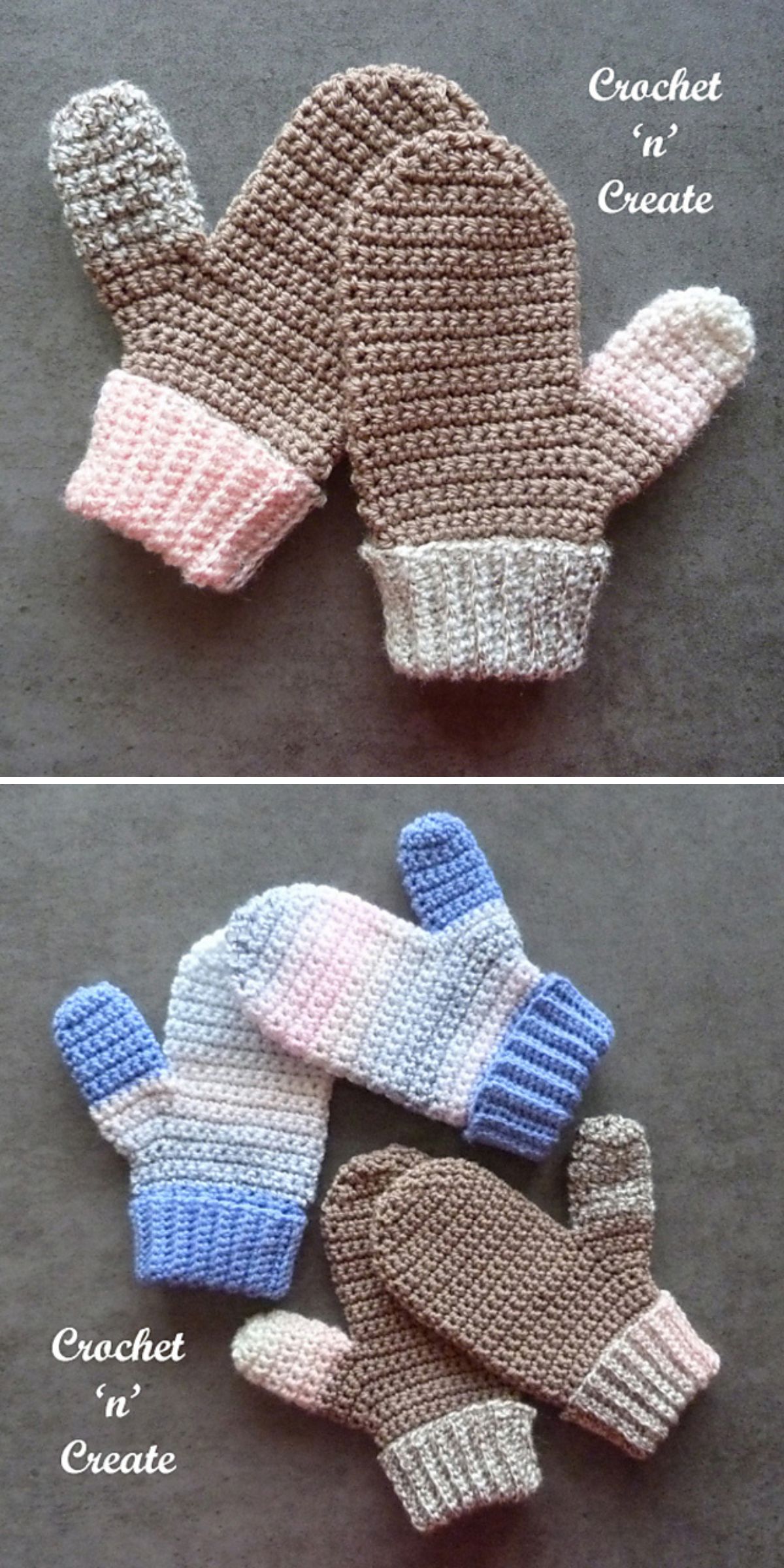 Two photos display pairs of crocheted mittens in various colors, laid on a gray surface. The text "Crochet 'n' Create" appears on both images, highlighting unique crochet glove and mitten patterns.