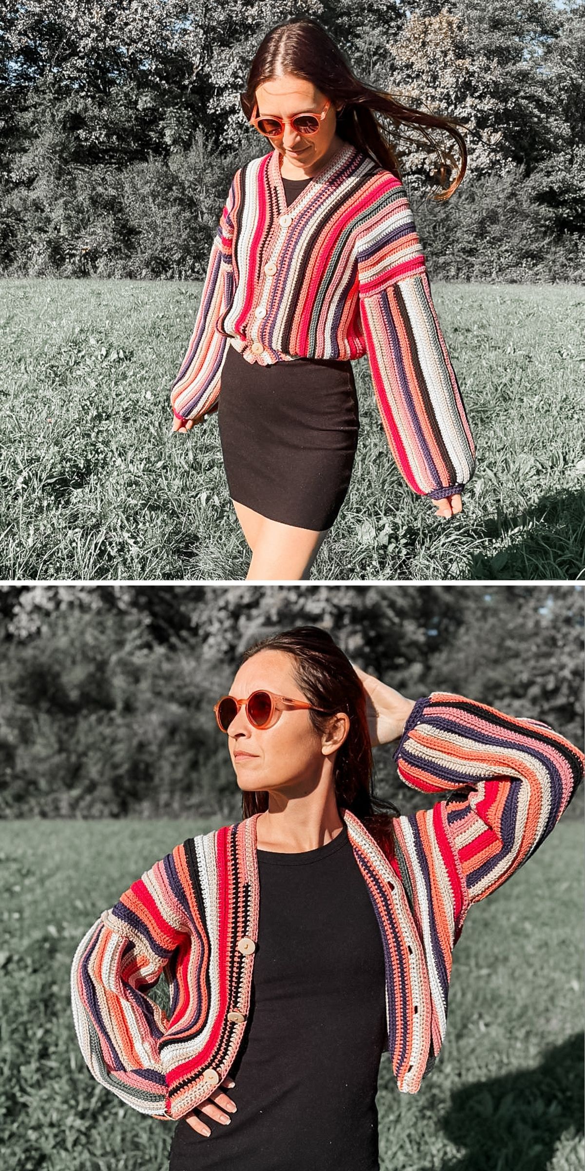 A woman wearing a black dress and a colorful striped crochet cardigan stands outdoors in a grassy area, sporting bright orange sunglasses.