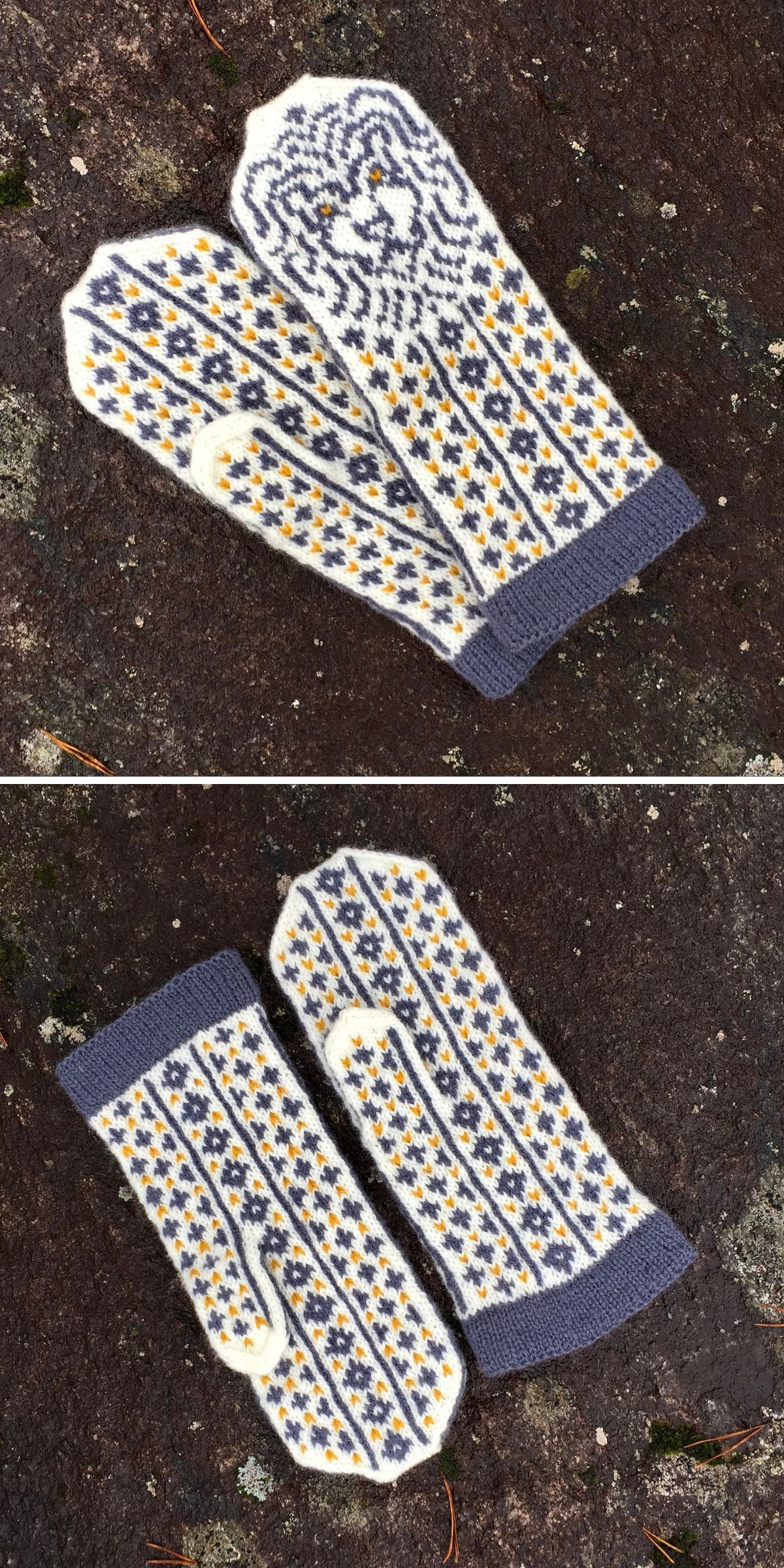 Two handknit wool mittens with intricate blue, yellow, and white patterns, reminiscent of designs found in free knitting patterns for mitts, are displayed on a textured dark brown surface.