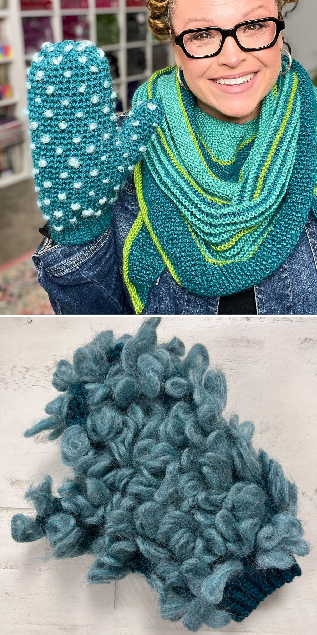 A person wearing glasses and a blue-green striped scarf holds up a teal crochet mitten with bobbles; below is a close-up of a blue mitten with looped yarn texture, perfect inspiration for crochet glove and mitten patterns.