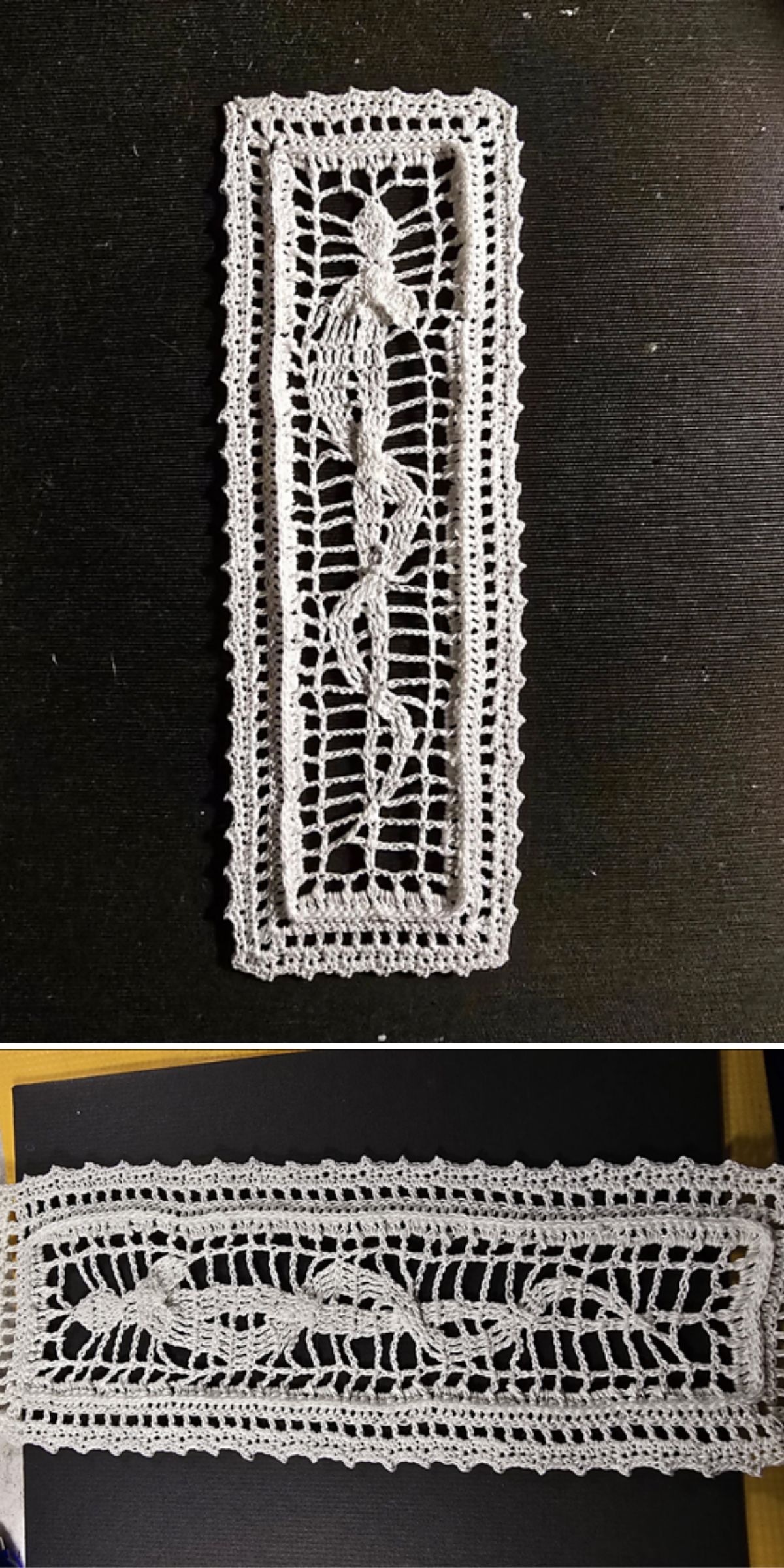 Two crocheted bookmarks with intricate patterns, reminiscent of a crochet doily, are displayed—one vertically and the other horizontally—against a dark background.