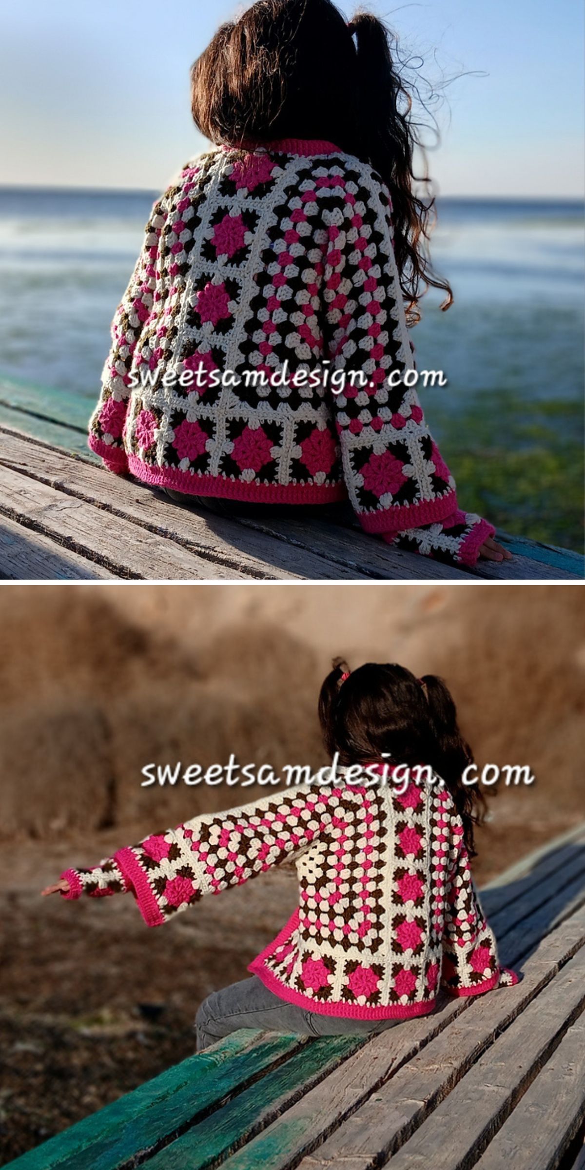 A child with long dark hair wears a handmade Crochet Baby jacket featuring pink, white, and brown squares, sitting outdoors on a wooden surface near water.