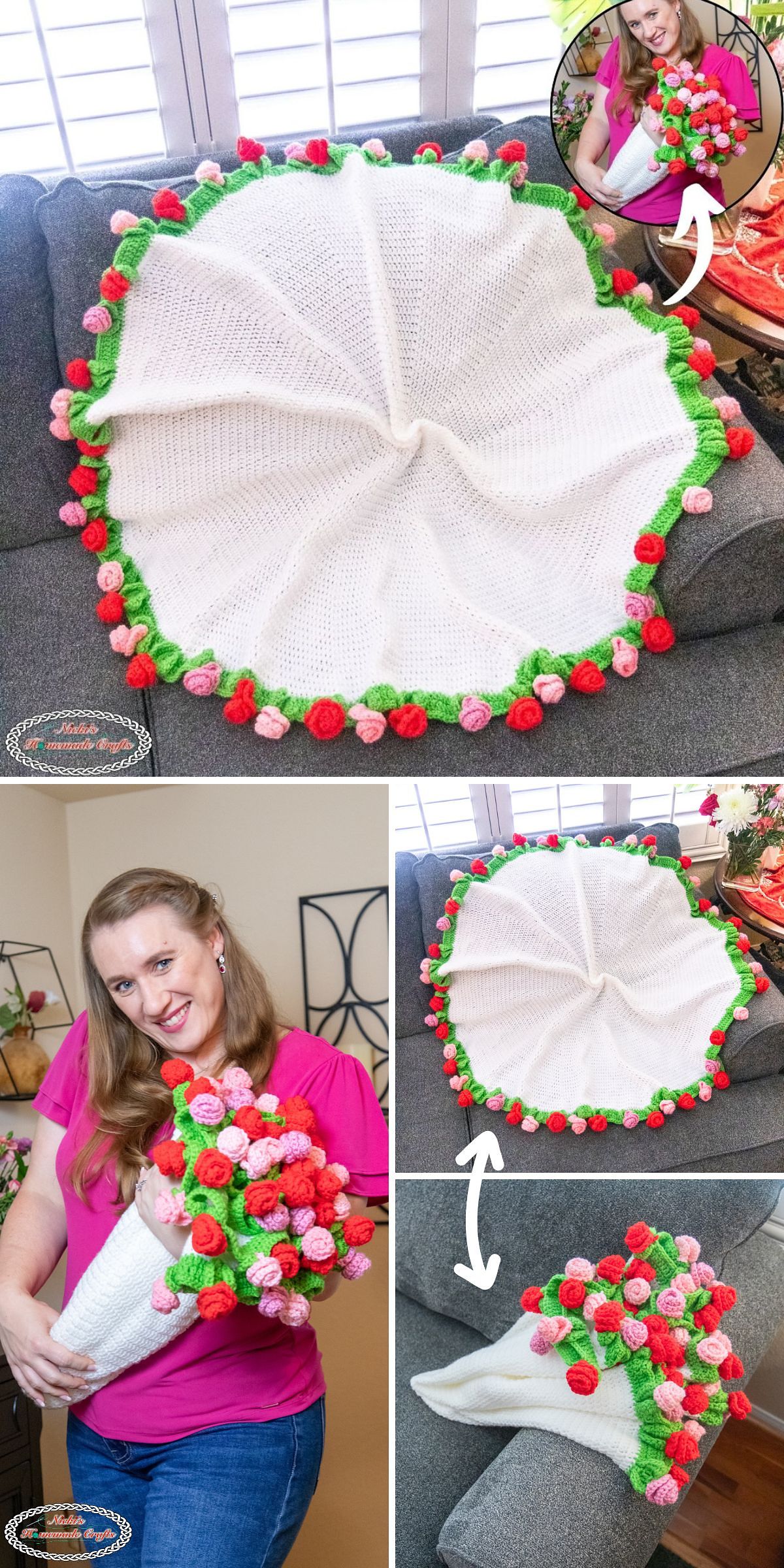 White round crochet blanket with green trim and 3D rose border, shown flat and folded with matching crochet bouquet.