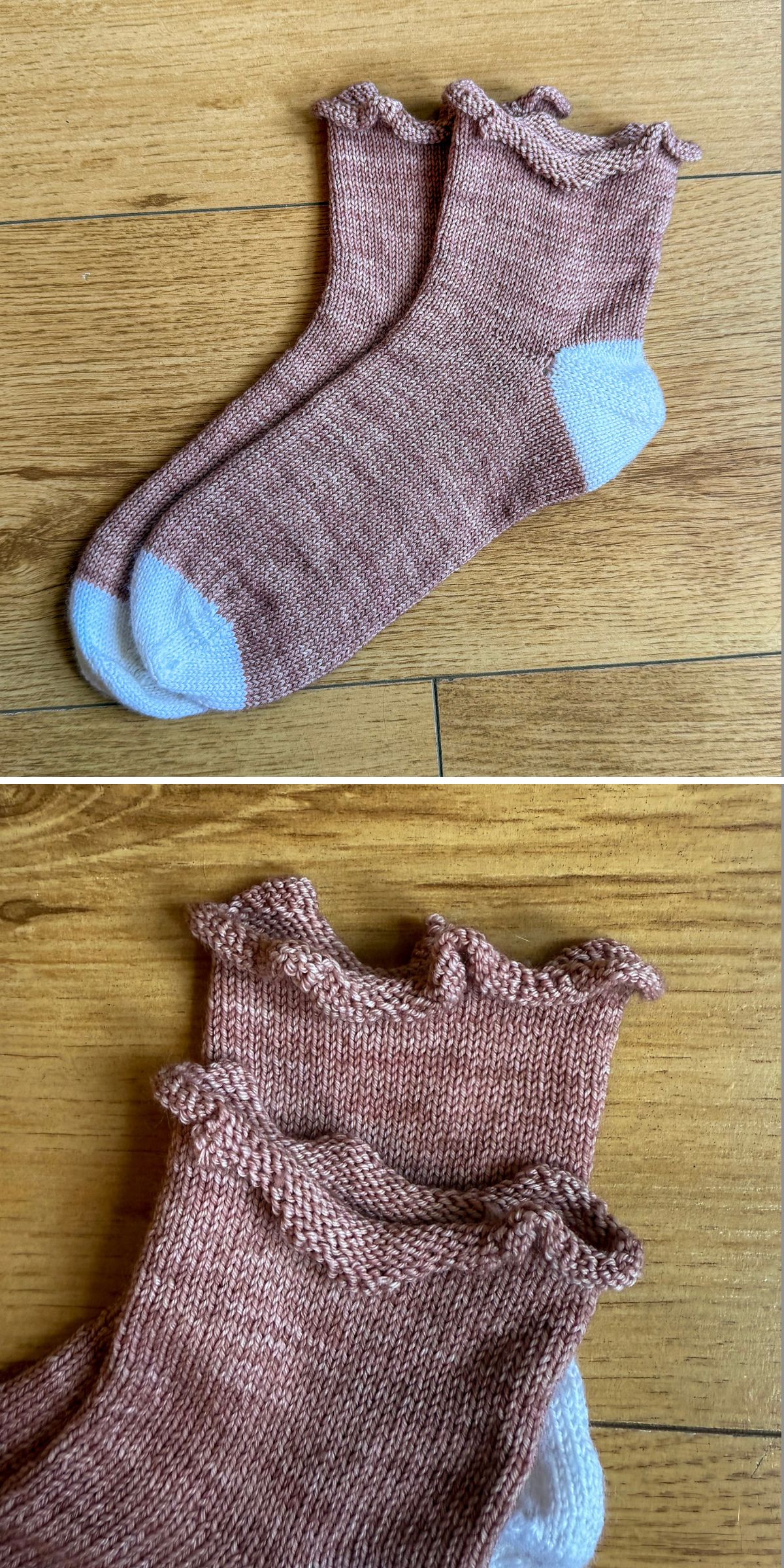 Two pink ankle socks with white toes and heels are laid on a wooden floor. The ruffled edge at the top adds charm, perfect inspiration for those seeking new knitting patterns for socks.