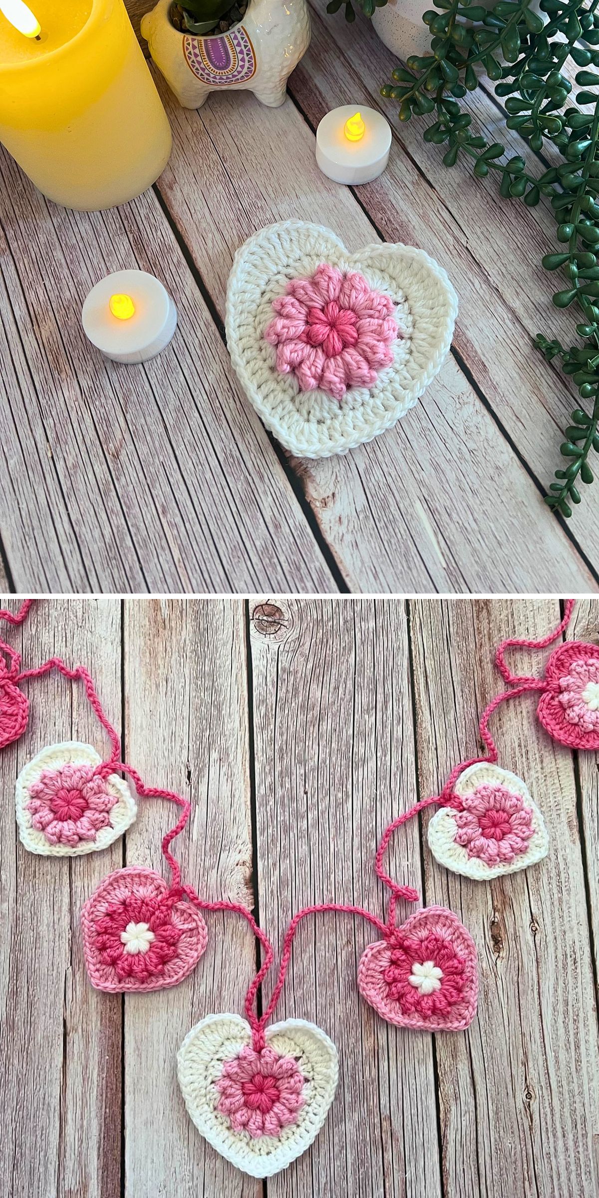 Two images show crocheted colorful hearts in pink and white on a wooden surface; one image features a heart coaster, while the other displays a heart garland.