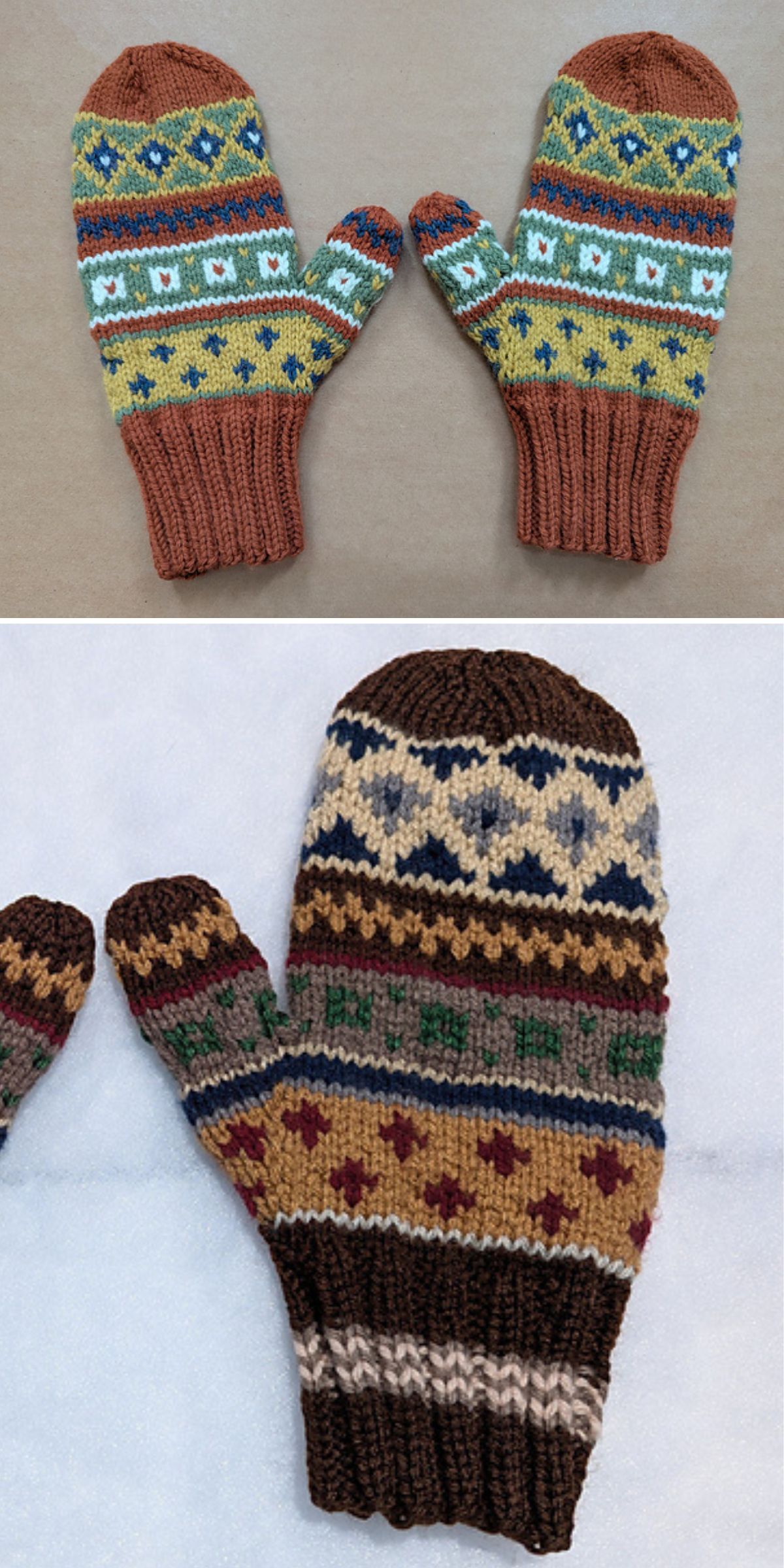 Two images of knitted mittens with colorful patterns for mittens and ribbed cuffs, featuring geometric and heart motifs in various colors on a neutral background.