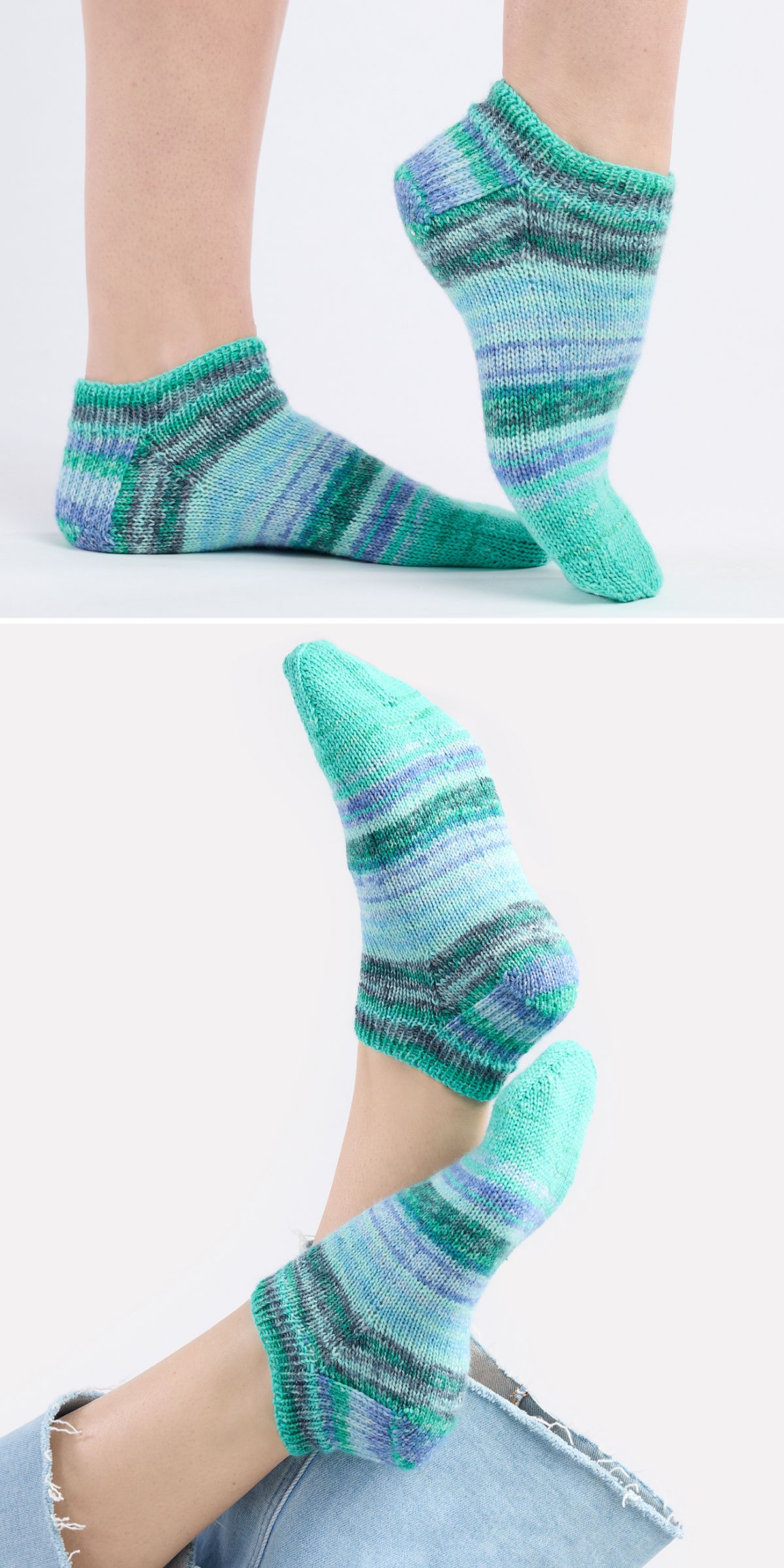 Two images show feet wearing knitted ankle socks in shades of green, blue, and purple; the lower image also shows frayed denim jeans. These stylish socks highlight creative knitting patterns for socks.
