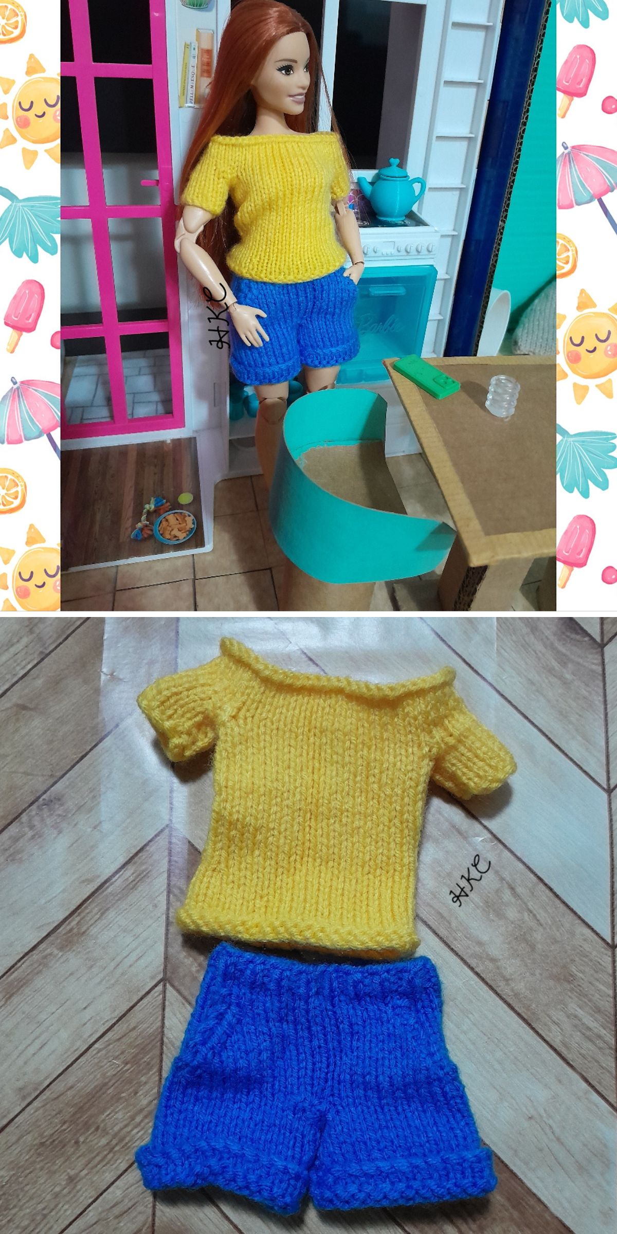 A doll wearing knitted clothes for dolls — a yellow knit top and blue knit shorts — stands in a toy kitchen. Below, the same yellow top and blue shorts are laid out flat on a wooden surface.