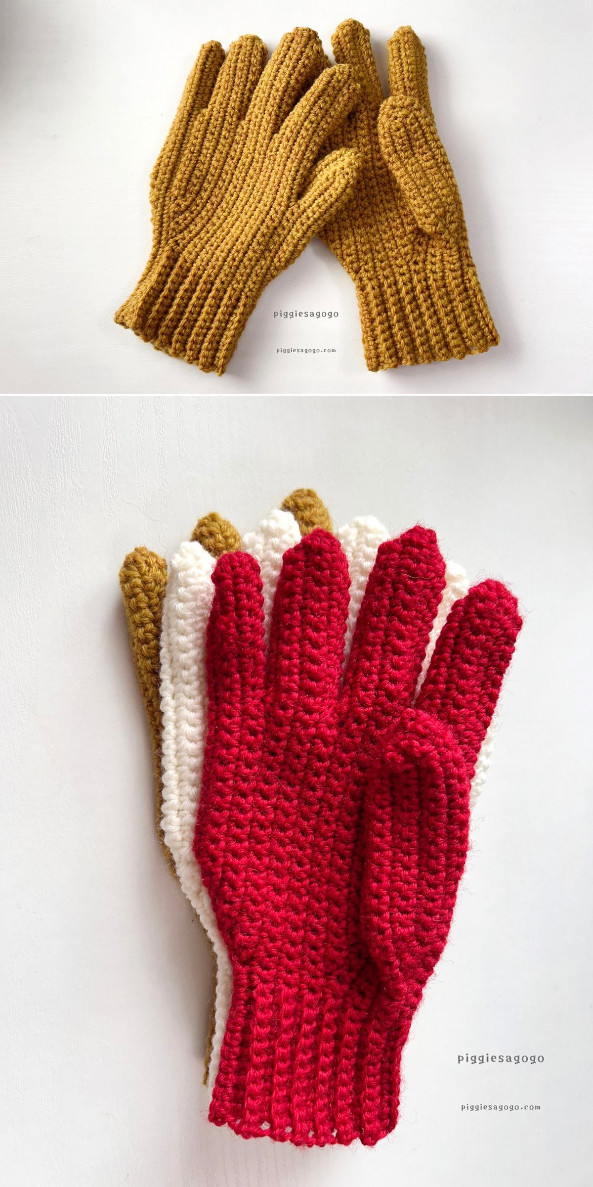A pair of mustard yellow crochet gloves and a stack of three pairs of crochet gloves in mustard yellow, white, and red are displayed on a white surface, perfect for those seeking mitten patterns or free crochet patterns inspiration.