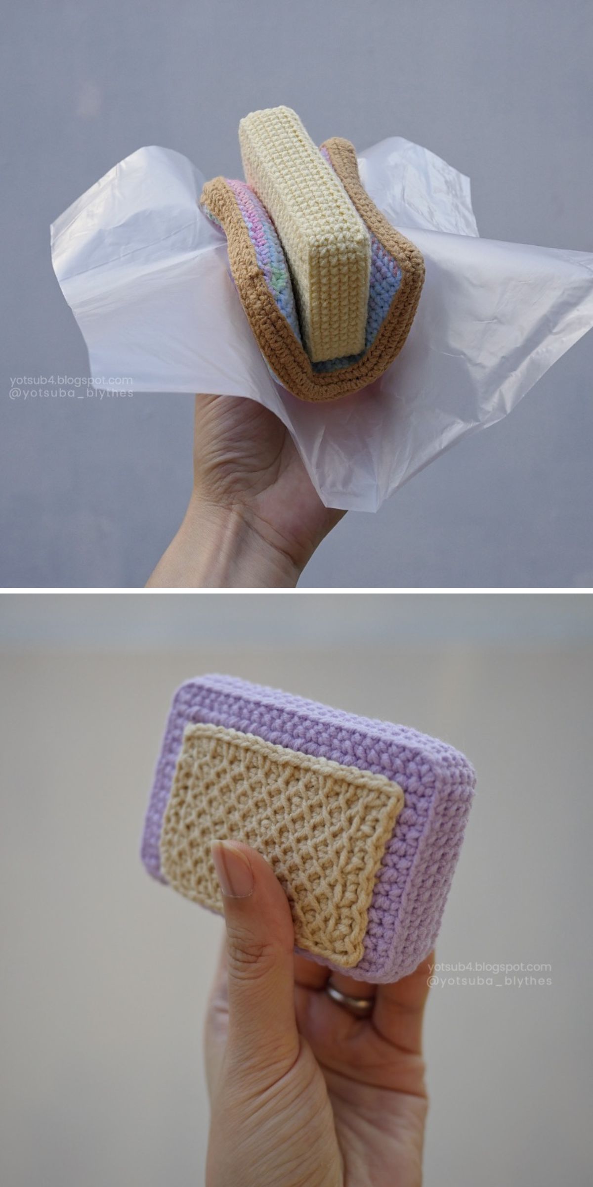 A hand holds a crochet amigurumi food creation resembling an ice cream sandwich, featuring beige, purple, and pastel colors, photographed from two angles.