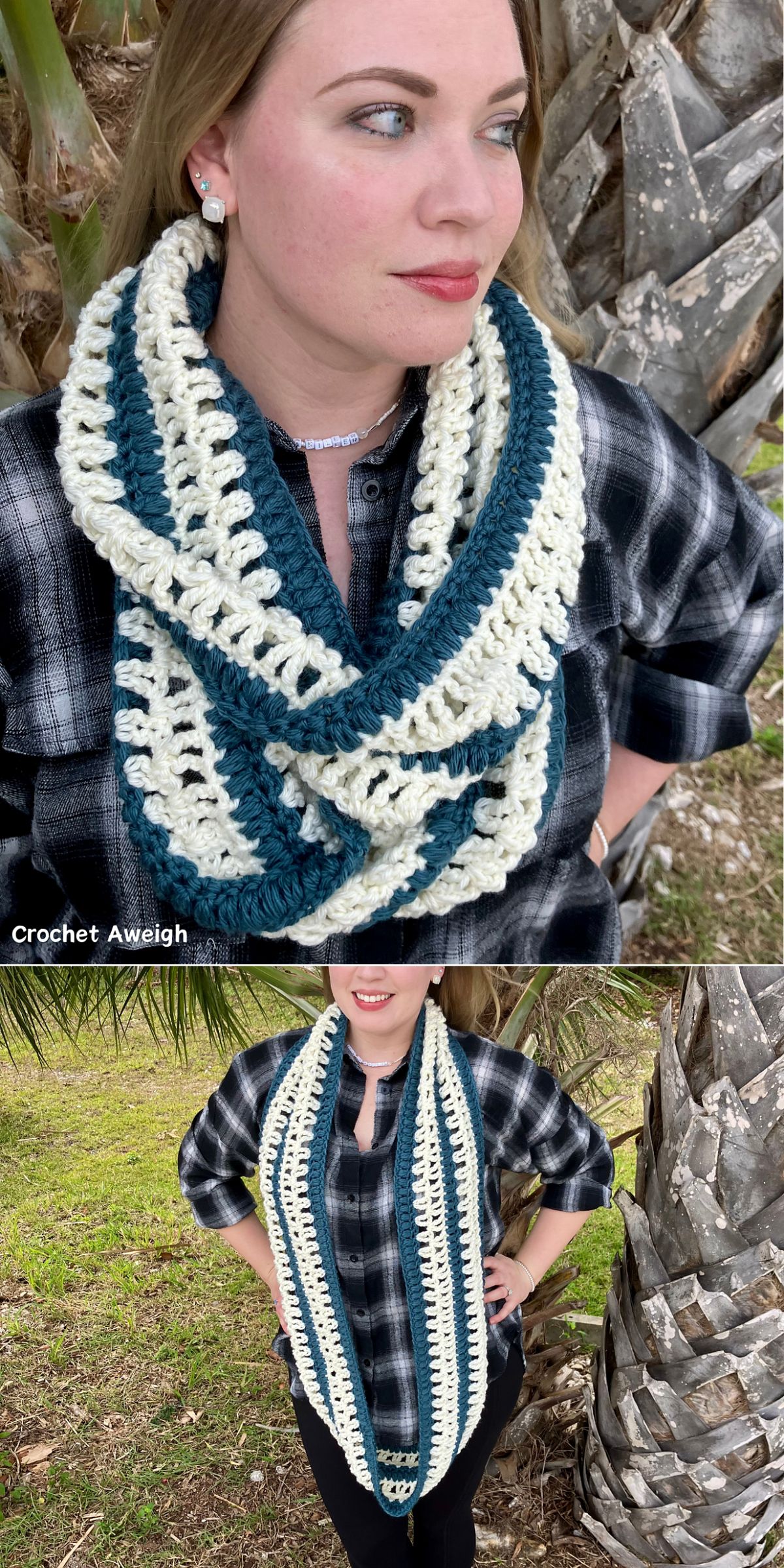 A woman wearing a stylish crochet infinity scarf in blue and white over a black plaid shirt stands outdoors near palm trees.