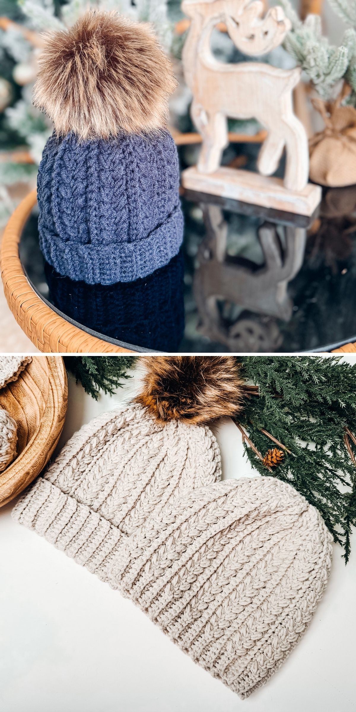 The image shows crochet beanies with faux fur pom-poms — one blue beanie on a table, and two cream crochet beanies displayed on a white surface with greenery and a basket.