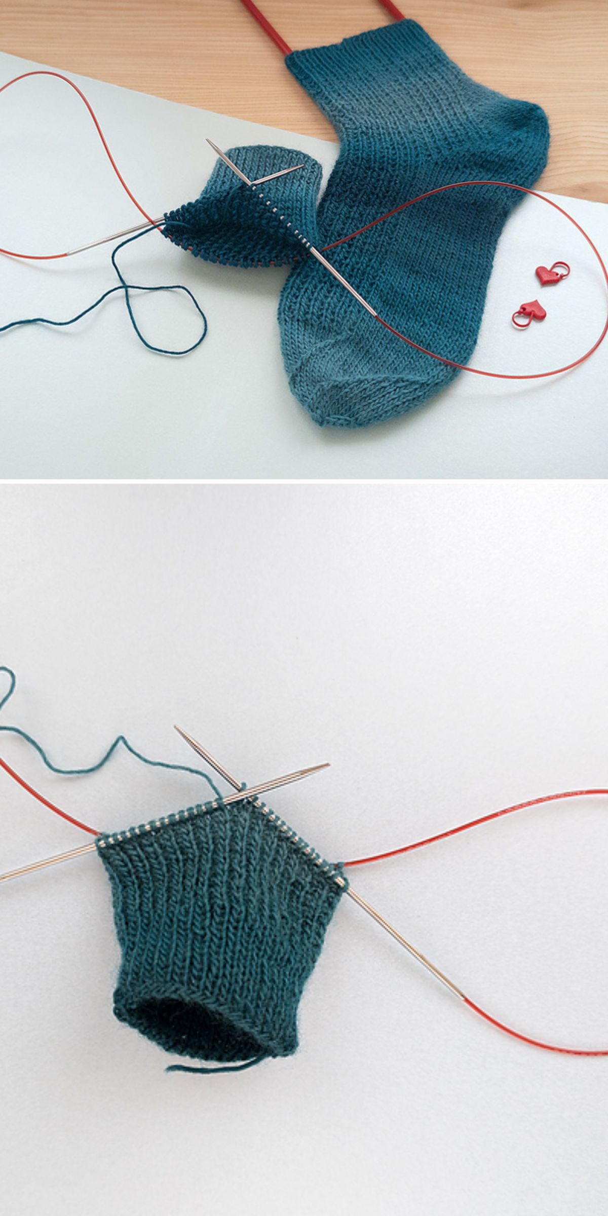Two photos show the process of knitting a teal sock with circular needles and stitch markers on a white surface, offering inspiration for knitting patterns for socks.