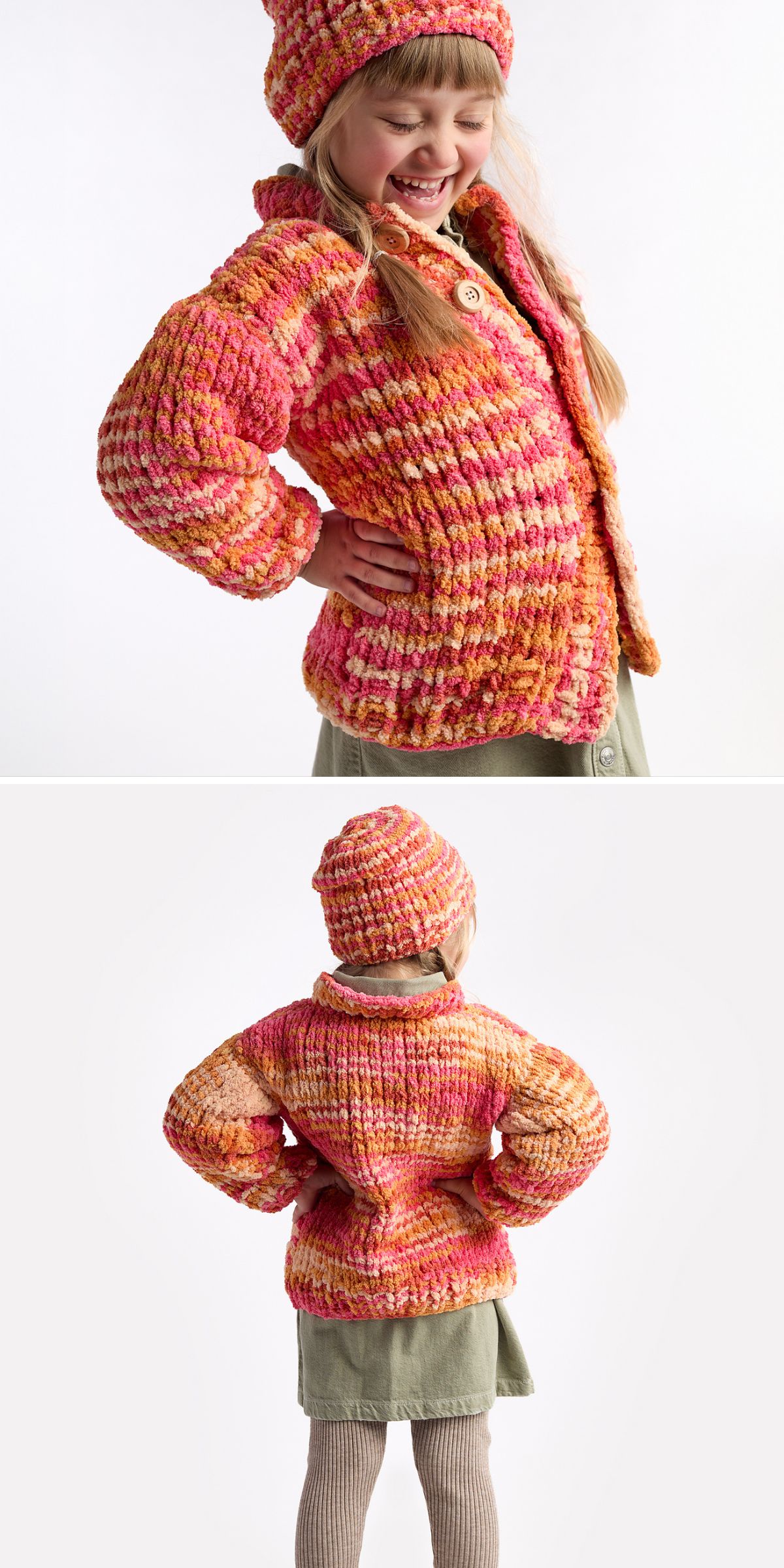 A child stands smiling, wearing charming knitted kids clothes — a pink, orange, and yellow sweater with matching hat — paired with a khaki-green dress and beige tights, shown from the side and back.
