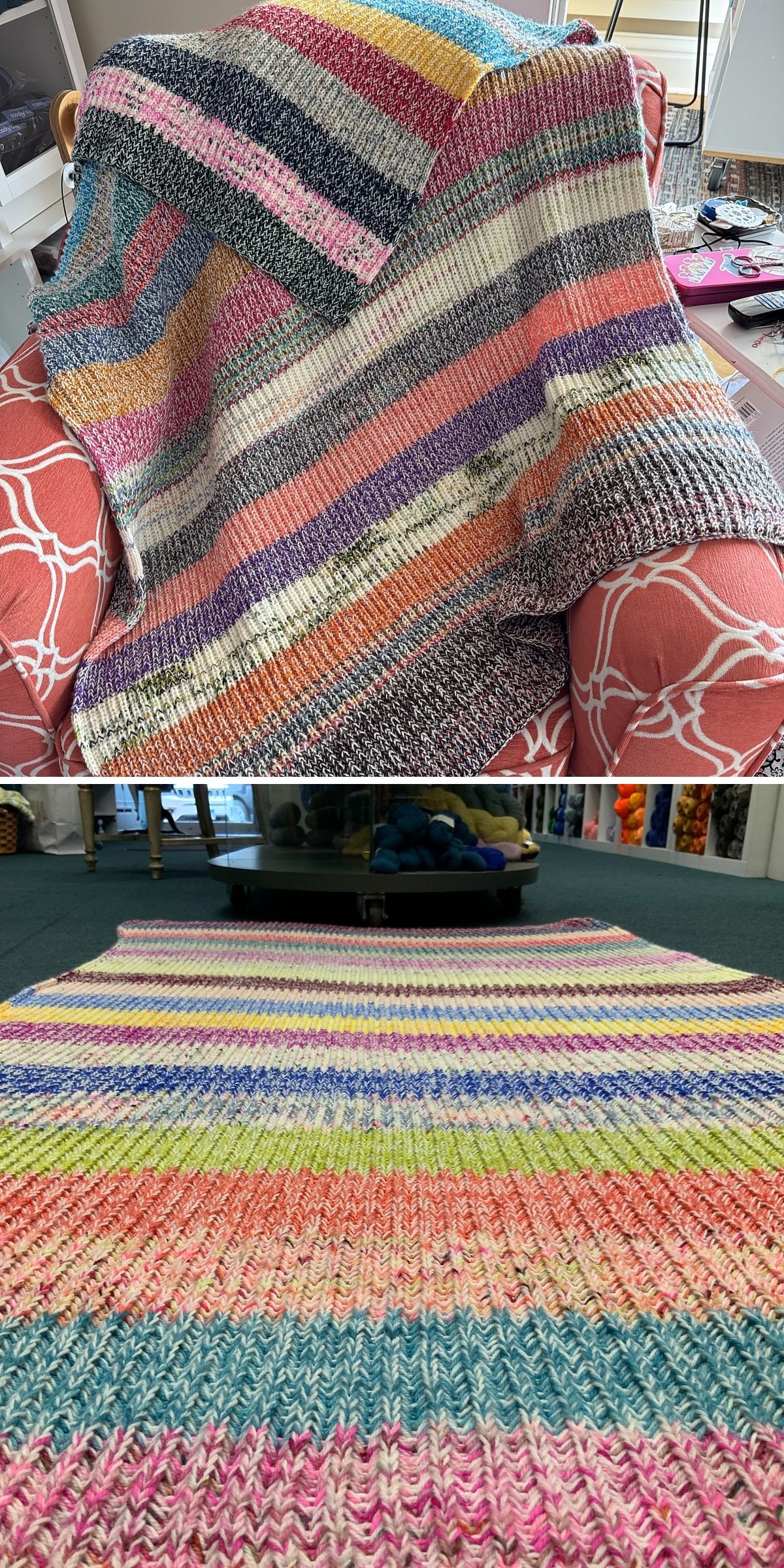 A multicolored striped knitted blanket, crafted with a vibrant blanket knitting pattern, is draped over a chair in the first image and laid flat on the floor in the second image.