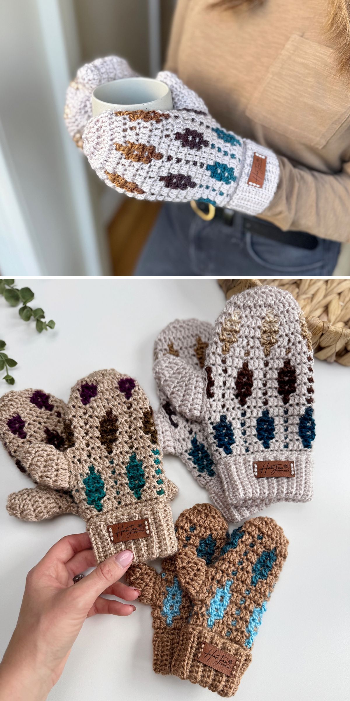 Two photos show crocheted mittens with colorful patterns; the top image features a person holding a cup, while the bottom displays multiple pairs of mittens laid out — perfect inspiration for those seeking mitten patterns.