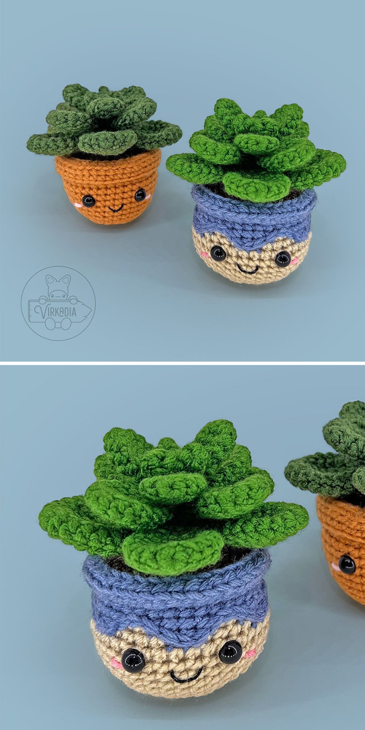 Two crochet plant succulents with smiling faces on their pots are displayed on a light blue background. The pot in the foreground wears a cute blue headband.