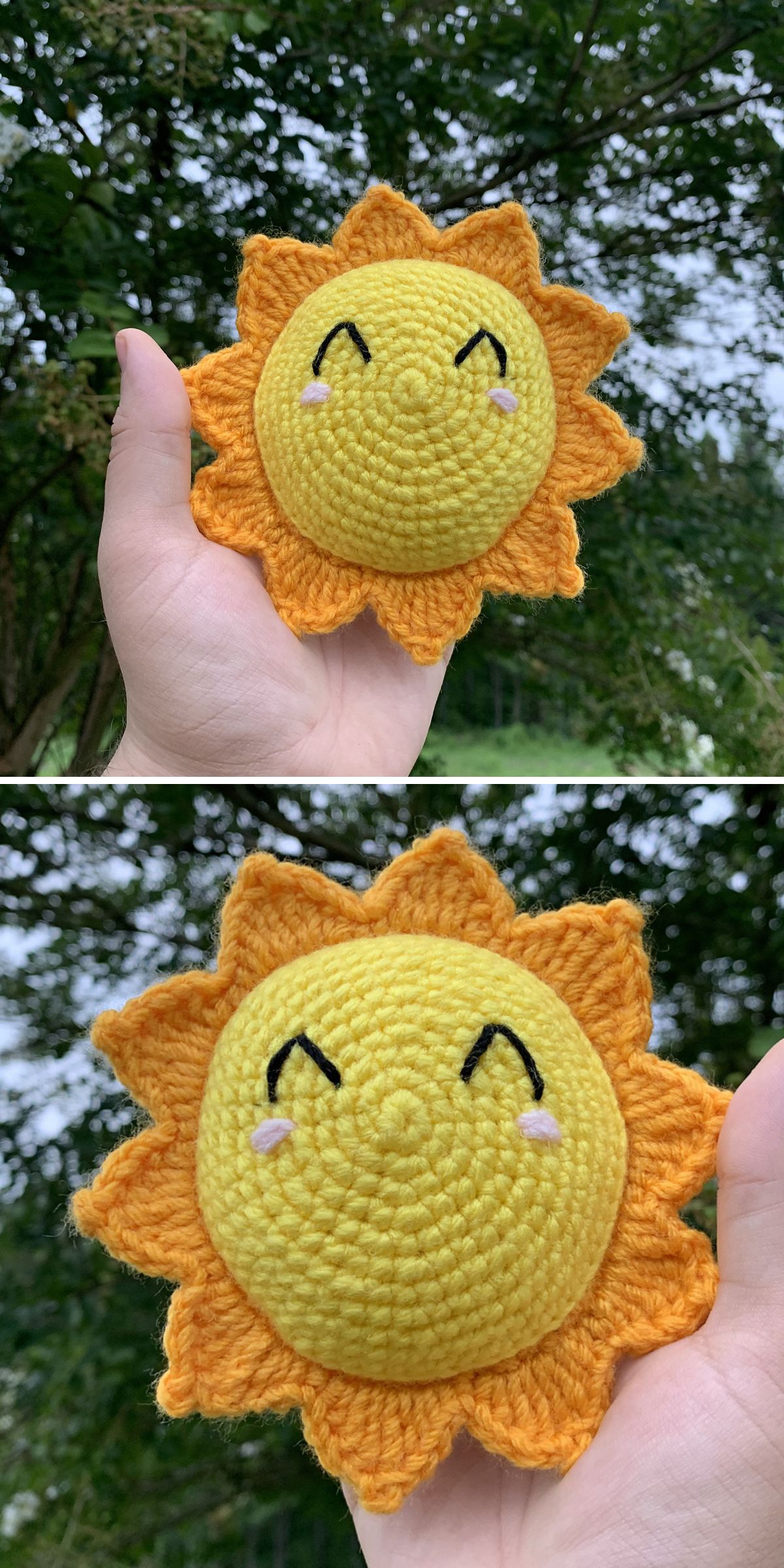 Cute crochet sun amigurumi with smiling face and textured stitches