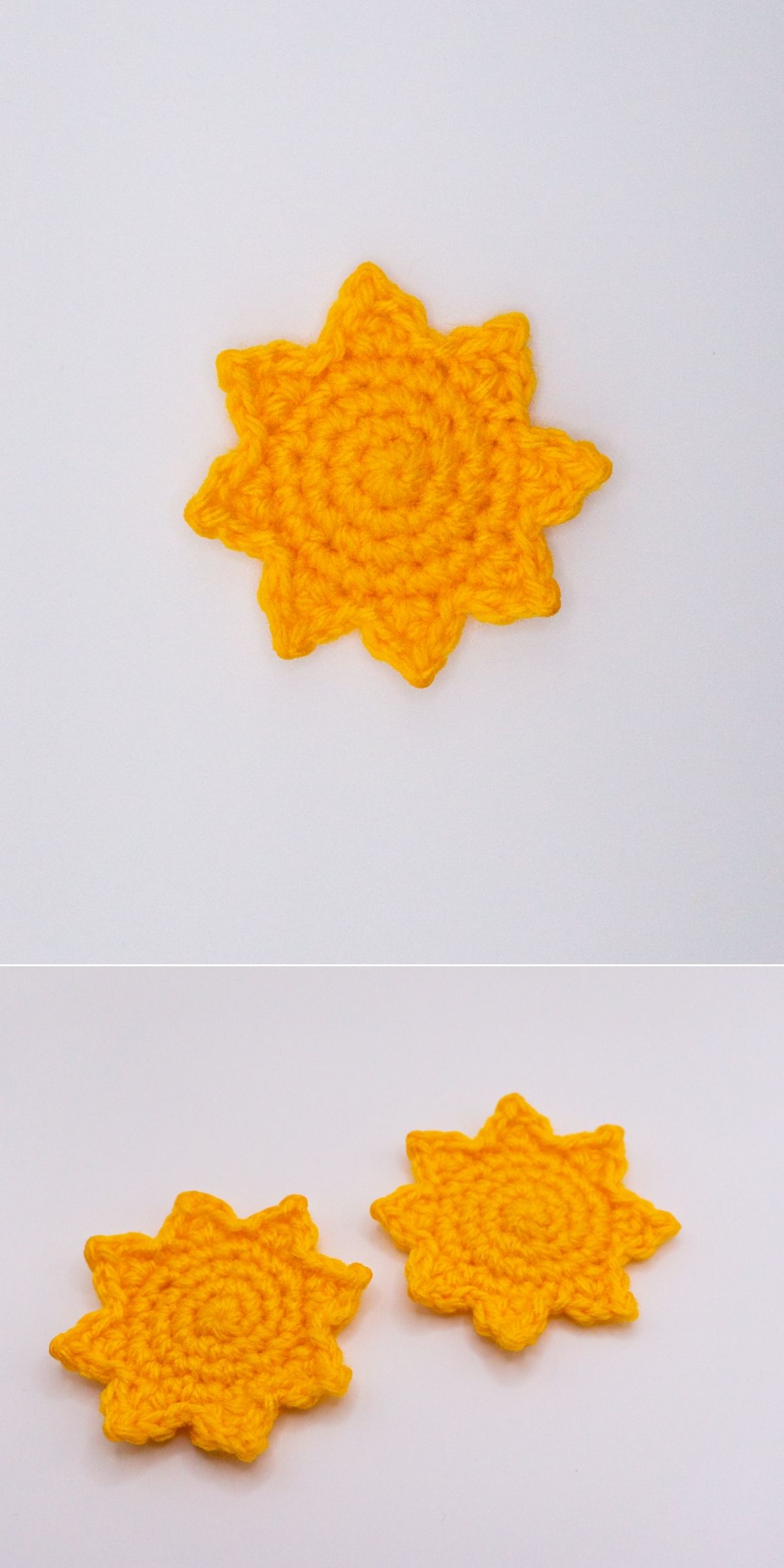 Simple crochet sun applique made with a free beginner-friendly pattern