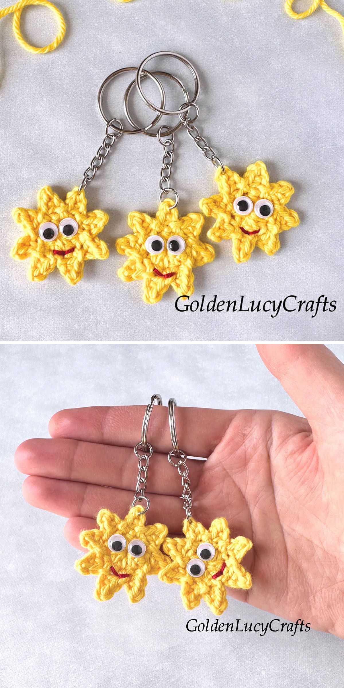Two images show handmade yellow crochet sun keychains with smiling faces and googly eyes, displayed on a flat surface and held in a hand. The "GoldenLucyCrafts" watermark is visible.