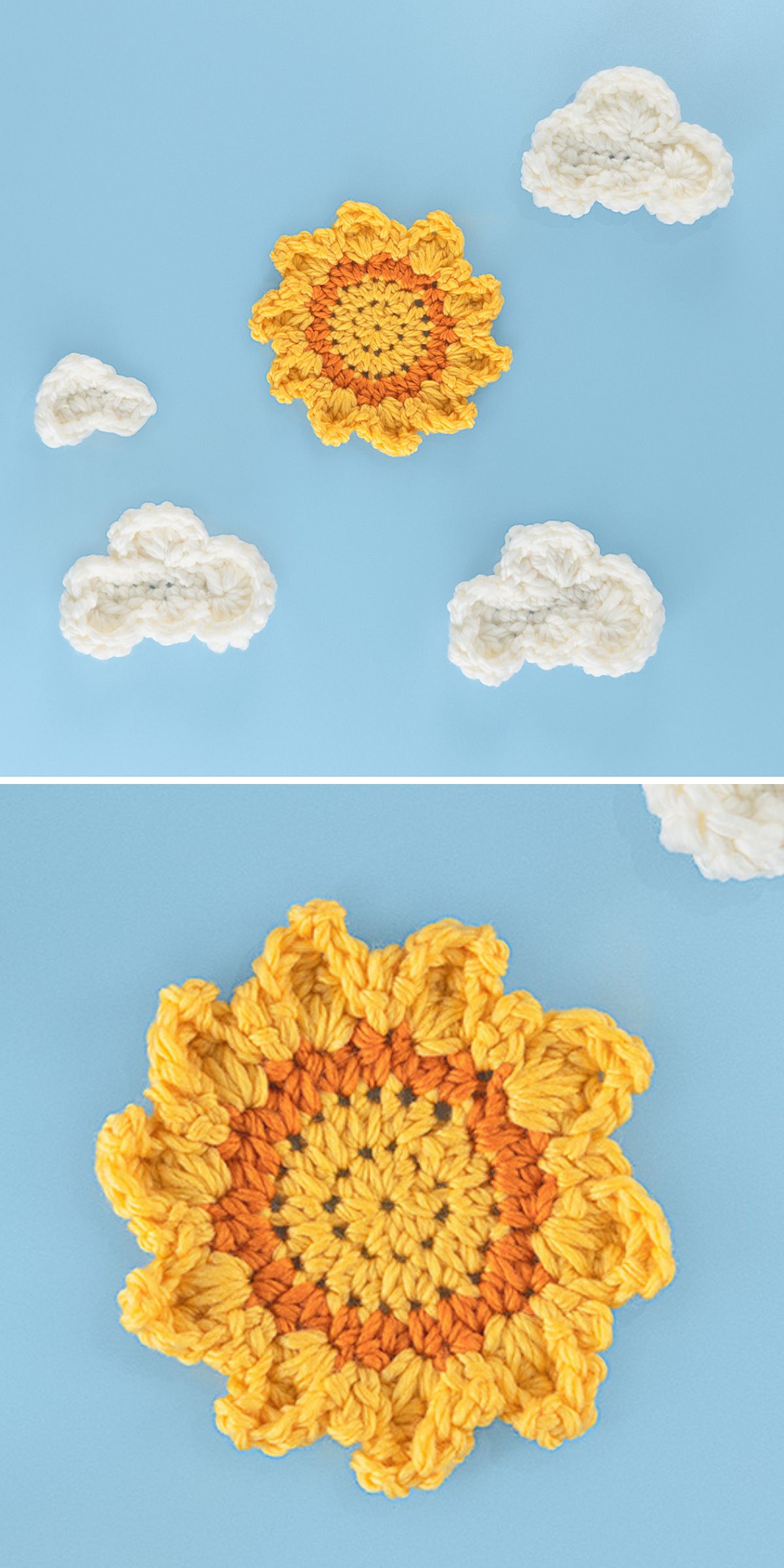 Crocheted sun and clouds arranged on a light blue background, presented in both a wider view and a close-up of the sun.