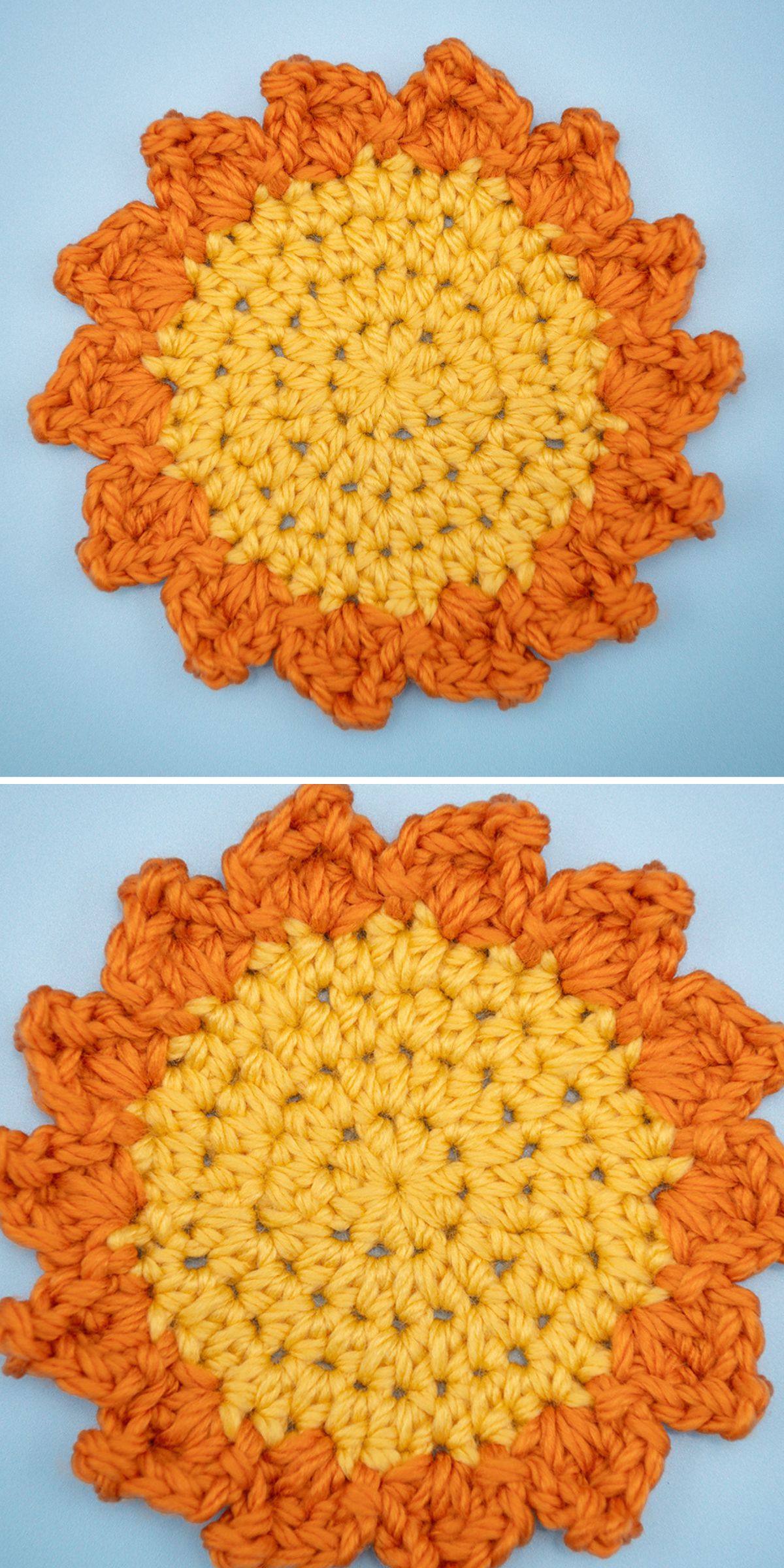 Two images of a crochet sun coasters with a yellow center and orange petals, displayed on a light blue background.