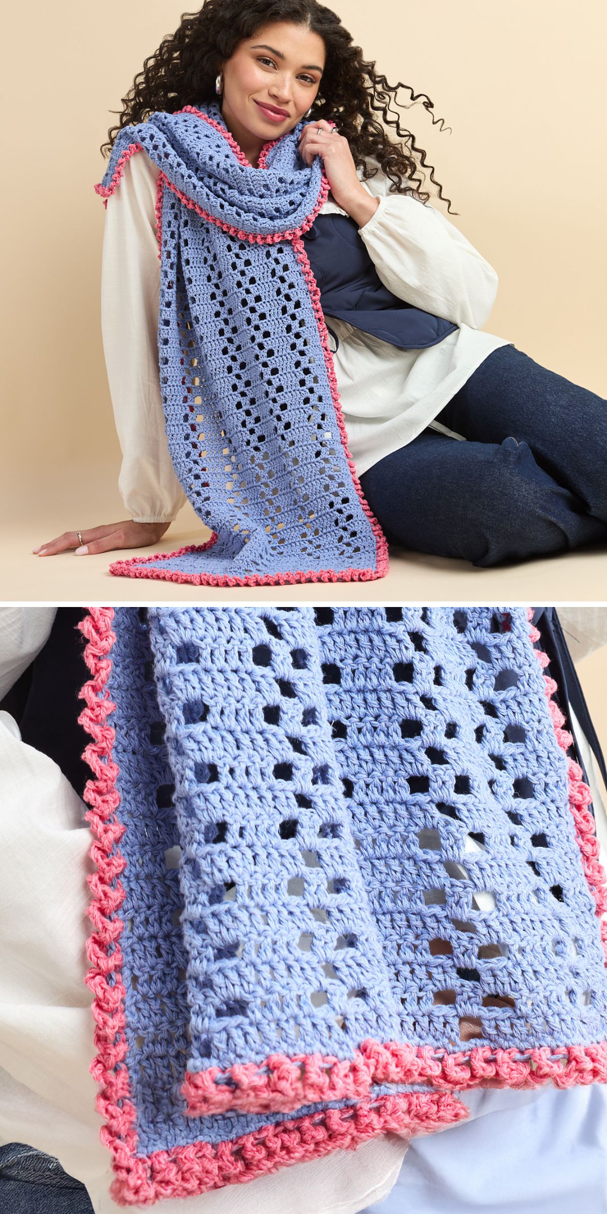 A woman wears a long, light purple crochet wrap with a pink border. The close-up shows the wrap’s openwork crochet pattern and textured edging.