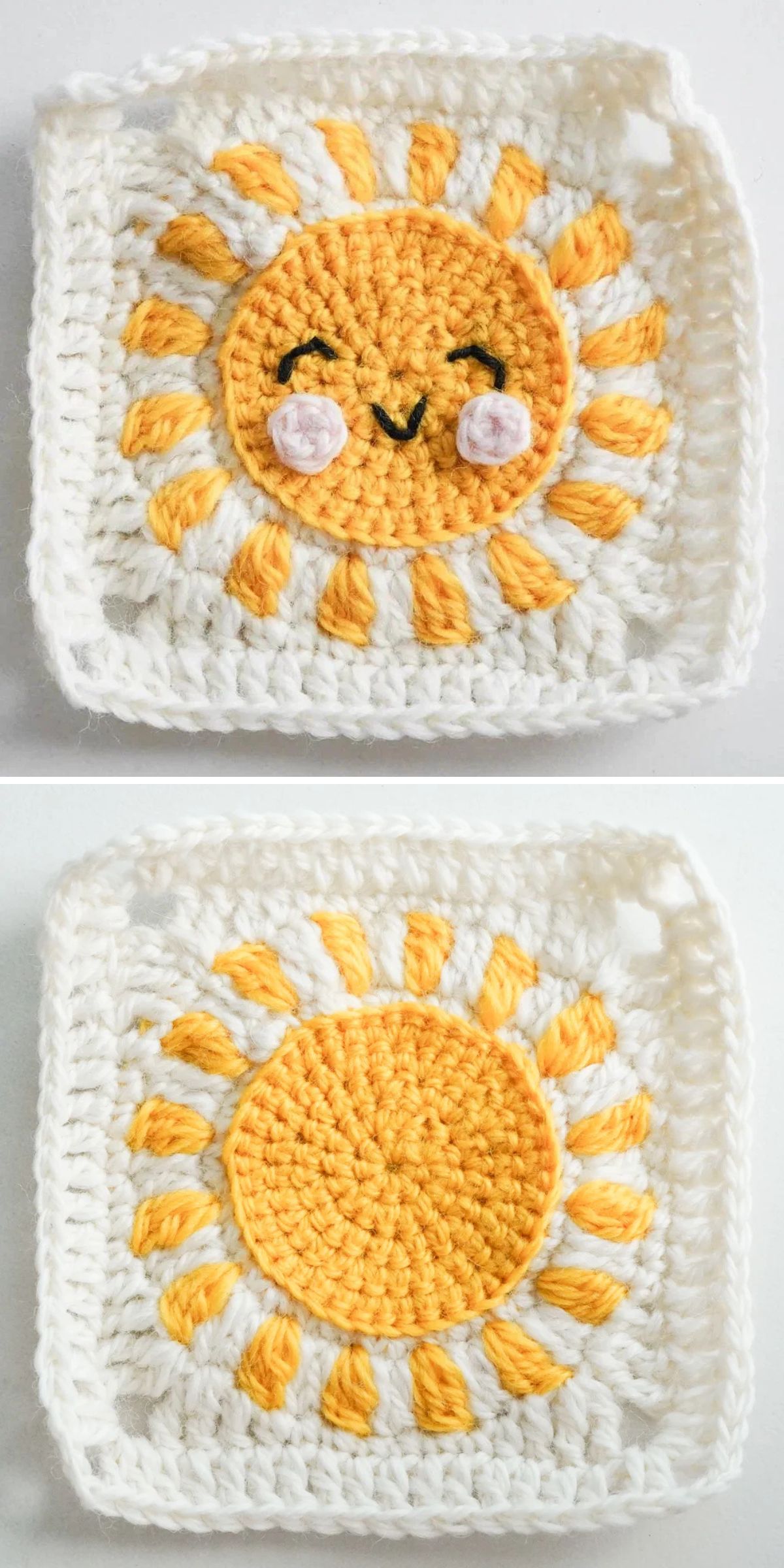 Two crochet sun motifs in white square frames; the top crochet sun has a smiling face and cheeks, while the bottom sun is plain without facial features.