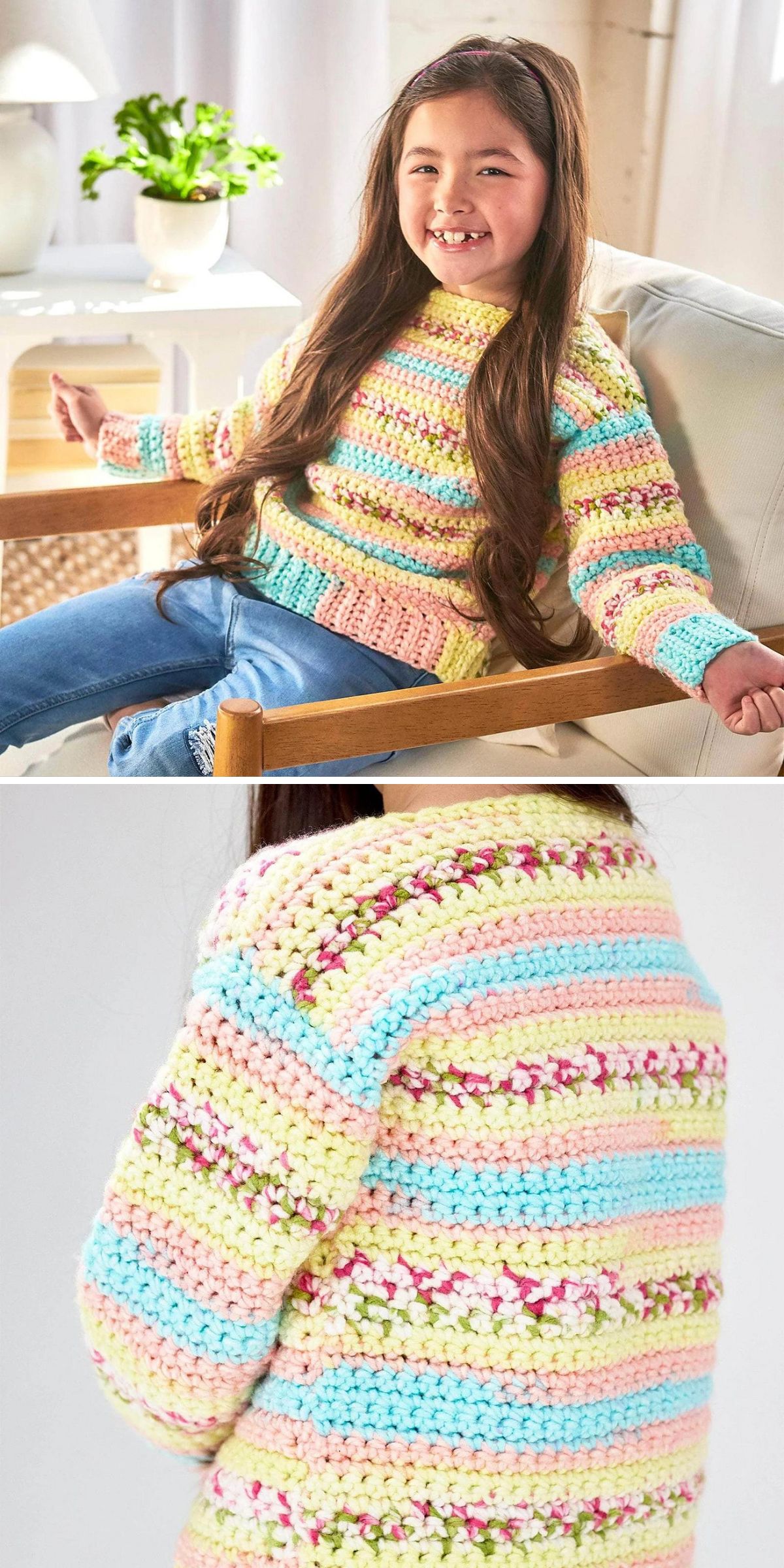 A smiling girl sits on a chair wearing a crocheted sweater with pastel stripes, inspired by Crochet Kids Sweater Patterns. The second image highlights the back detail of this colorful handmade sweater.