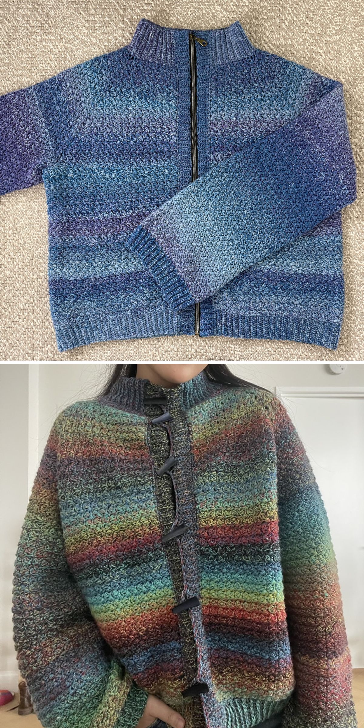 Two crochet jackets are shown: the first is blue and purple with a zipper, laid flat; the second, a multicolored crochet cardigan with toggle closures, is worn by a person.