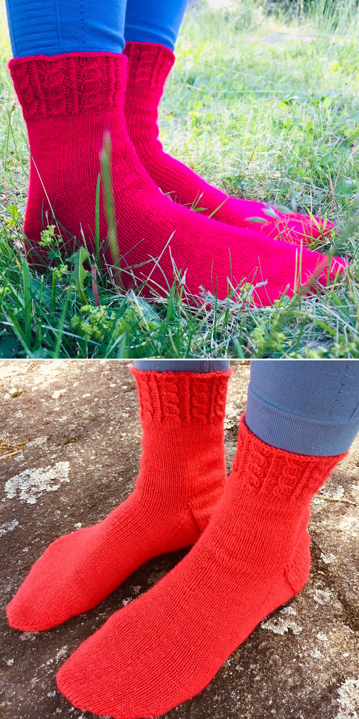 Two photos show a person wearing bright red socks crafted from knitting patterns for socks and blue leggings—standing on grass in one image and a stone surface in the other.