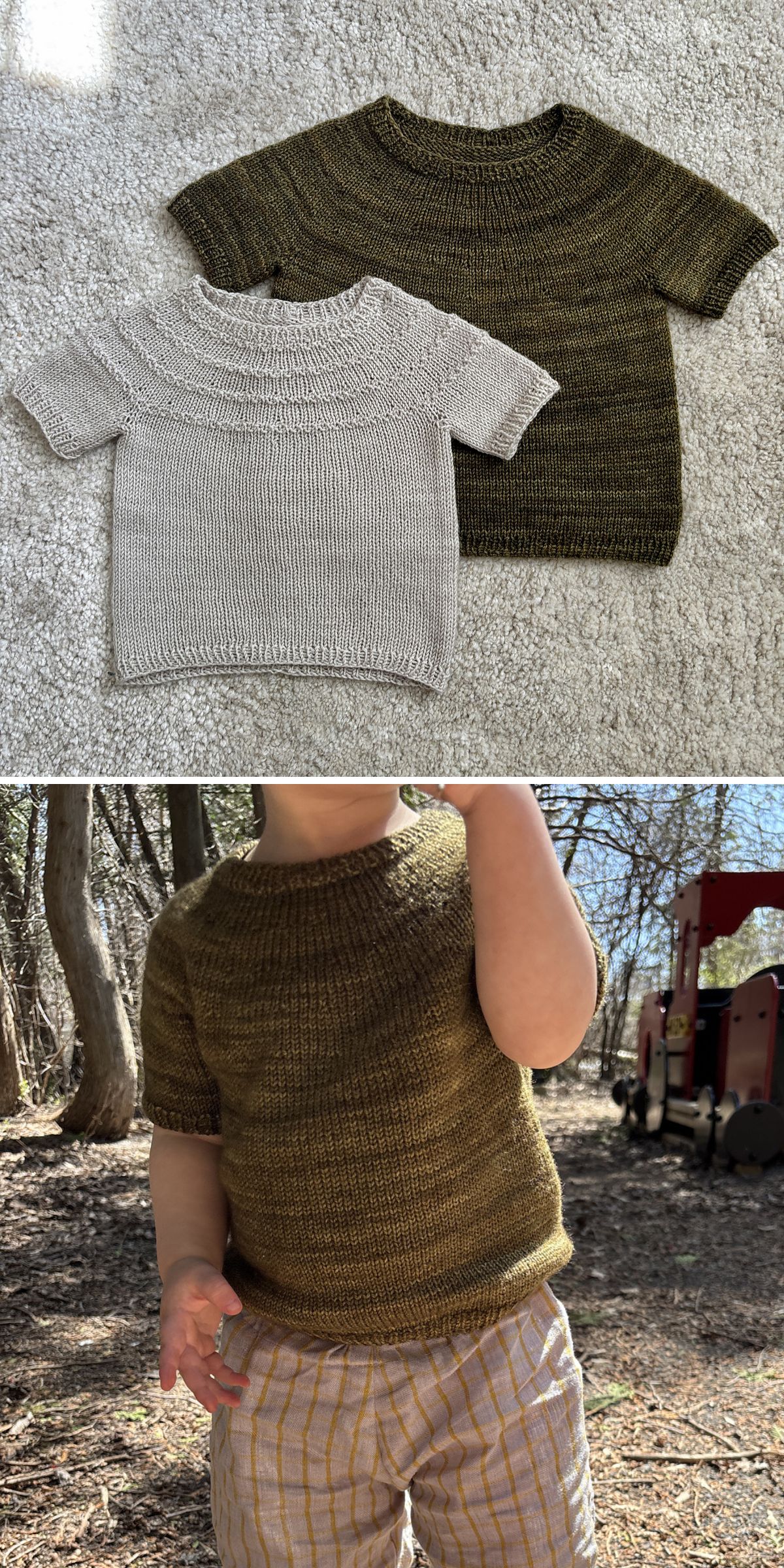 Two knitted kids clothes are displayed—an olive green and a light beige shirt—on a textured surface; in the lower section, a child is seen outdoors wearing the olive green shirt.