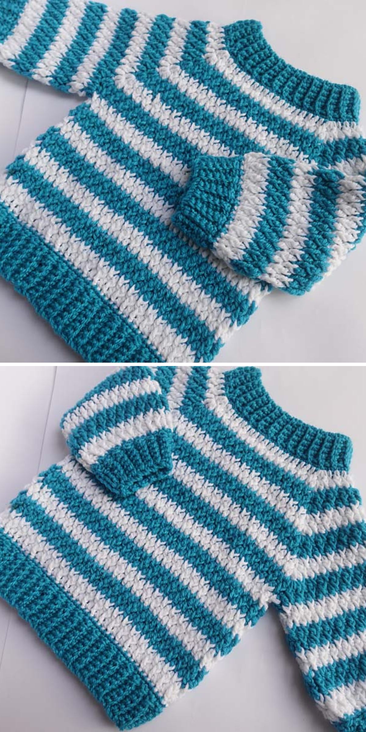 A small crocheted sweater with teal and white horizontal stripes is shown from different angles on a white background, offering inspiration for Crochet Kids Sweater Patterns.